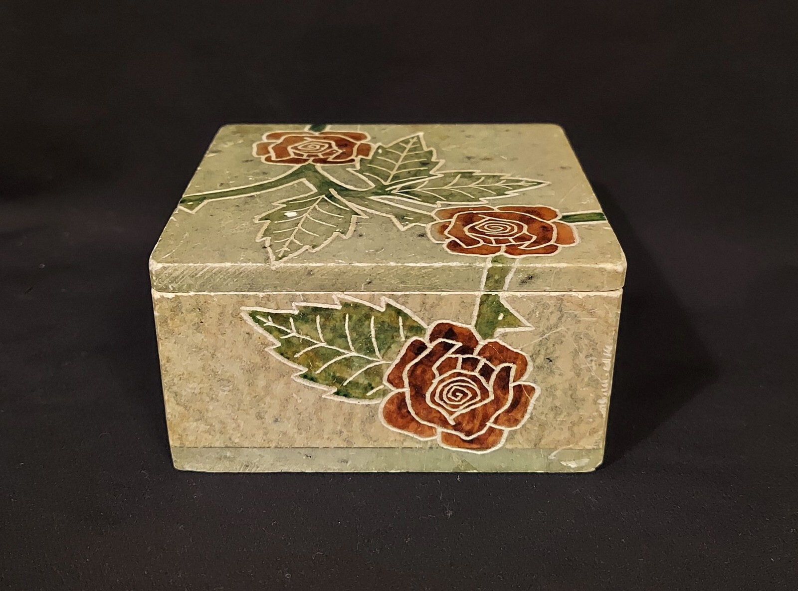 Carved Stone With Handpainted Roses Trinket Box