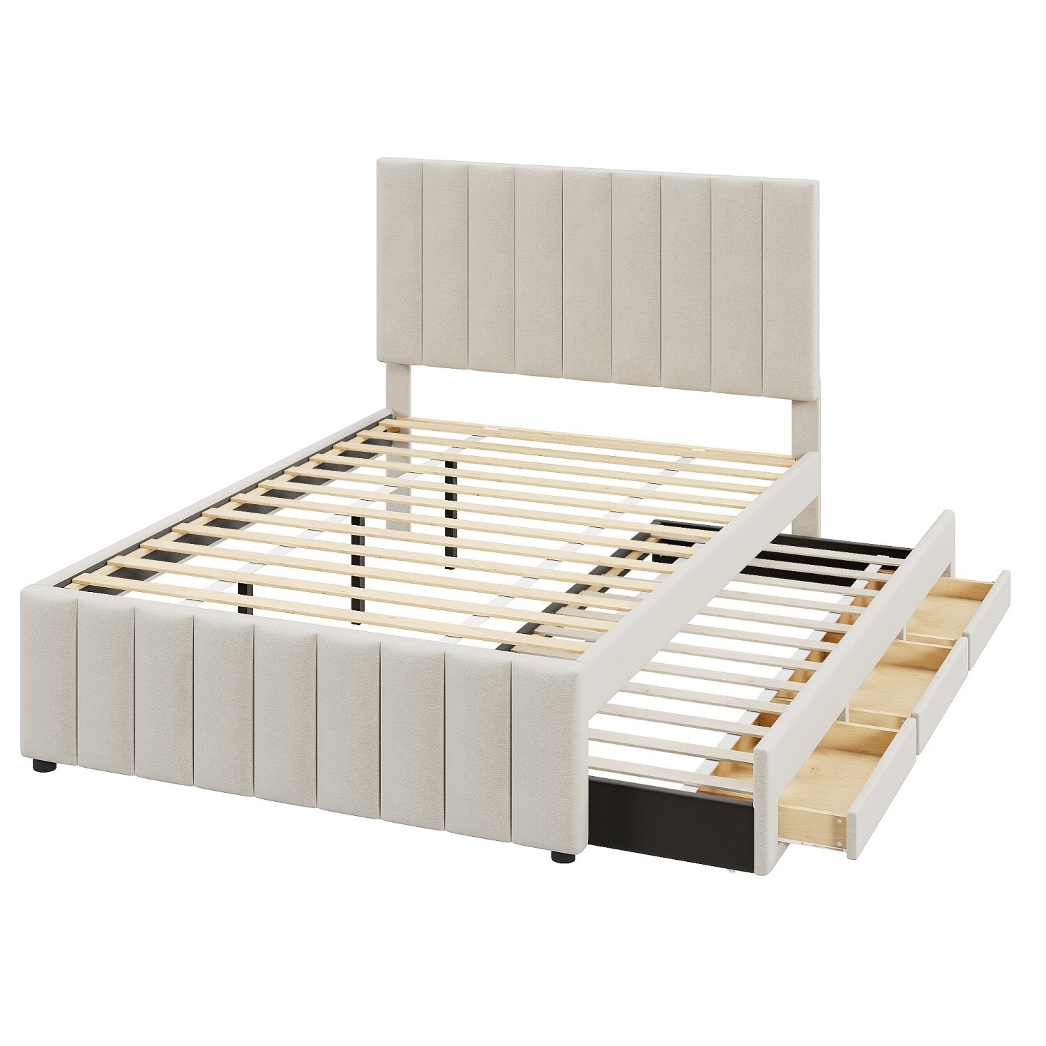 Full Size Bed Frame Upholstered Platform Bed w/ Pull Out Trundle & 3 Drawers