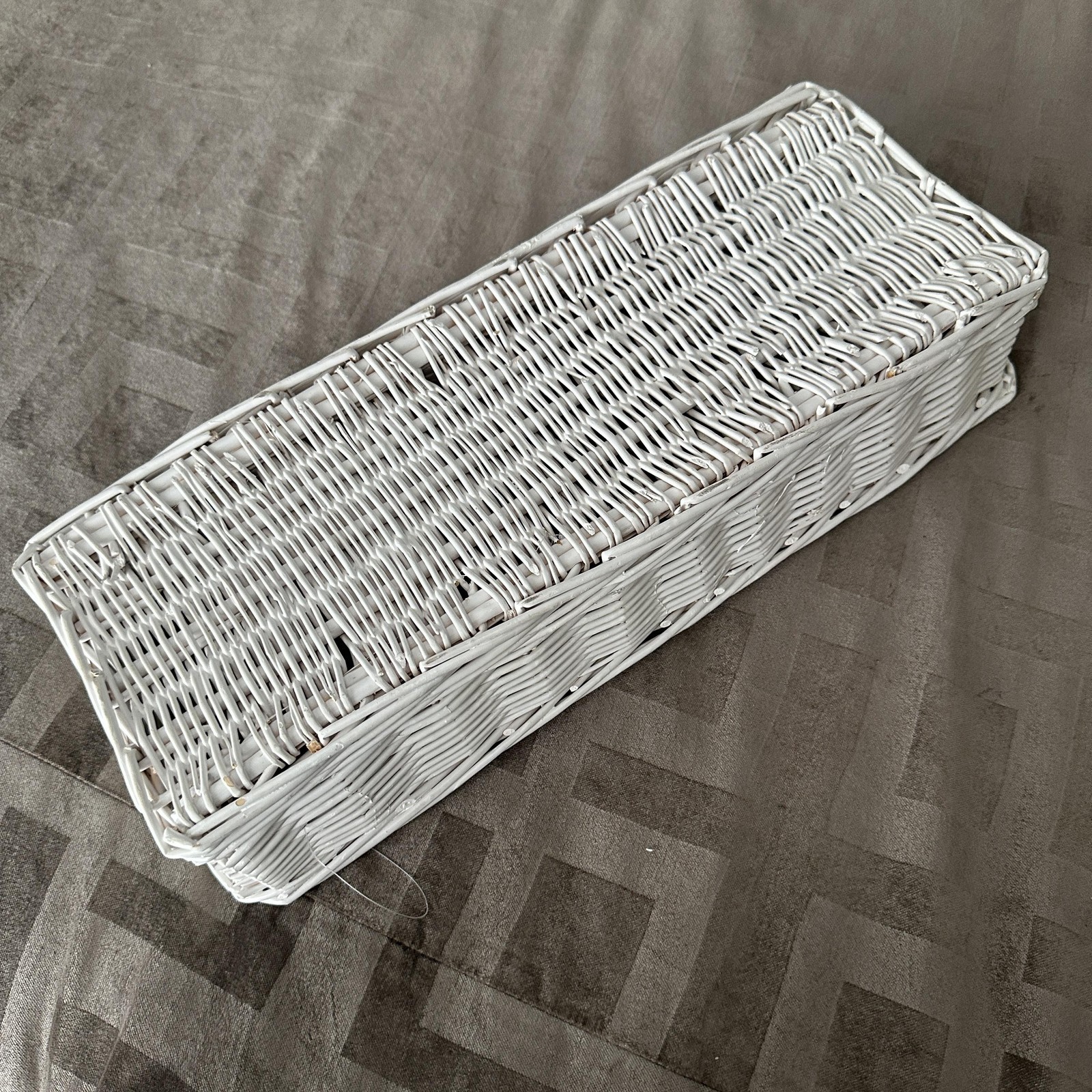 White Wicker Rectangular Basket 17 Inch Farmhouse Table Centerpiece Organizer