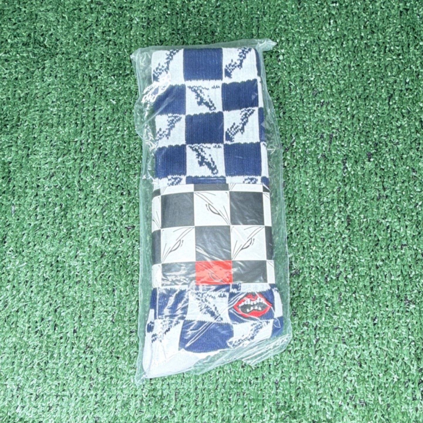 Racing Kart Check Pattern Blue White Black Red Crew Socks chrome socks