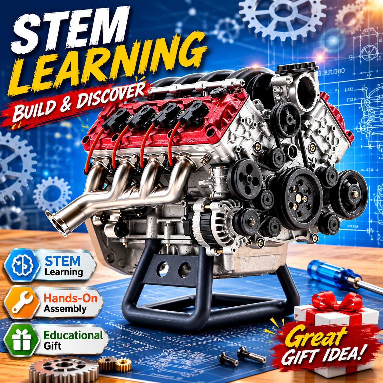 DIY V8 Engine Model Kit STEM Educational Building Toy Gift for Adults Teens