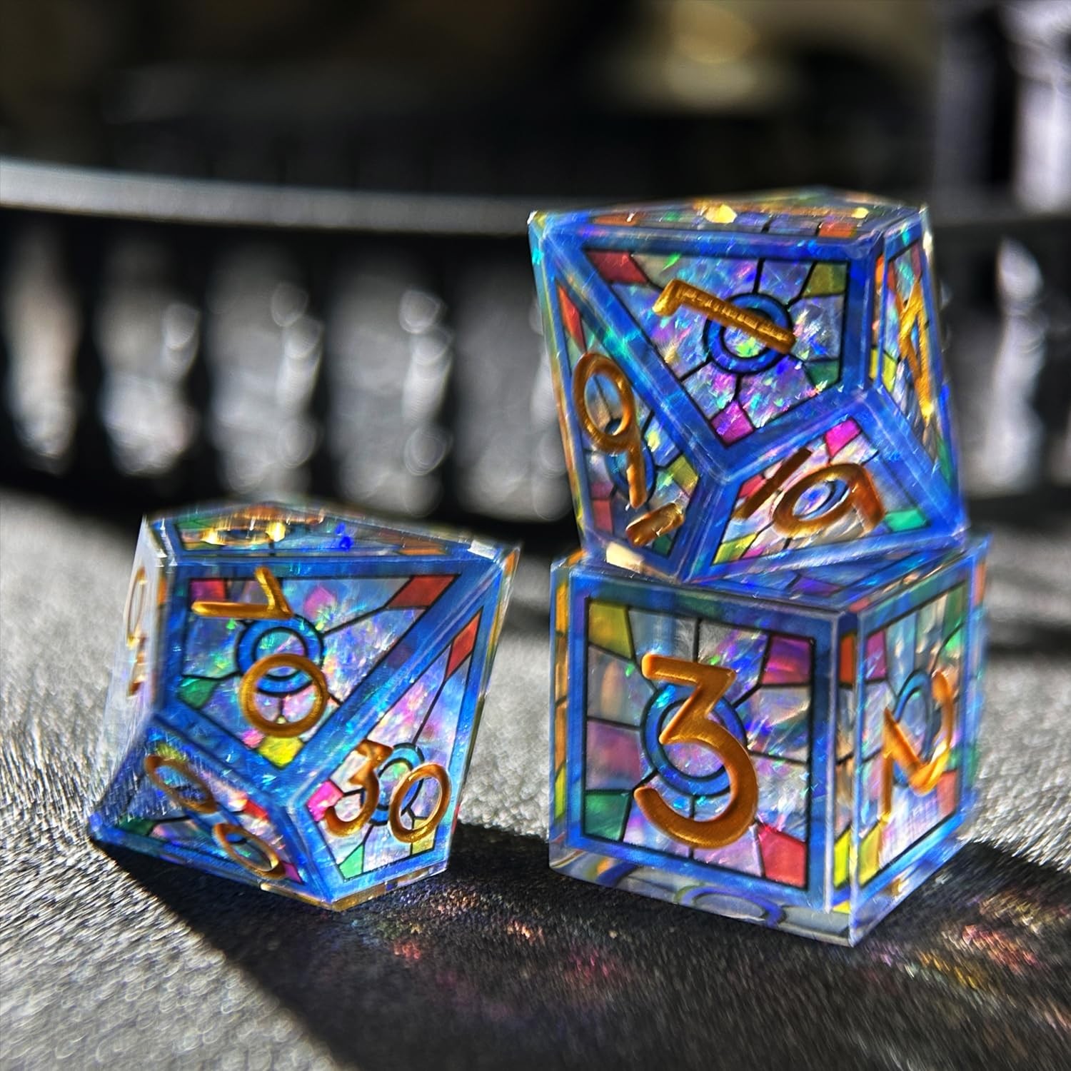 Double Layered Resin Dice Set 7pcs/ Stained Glass Effect & Gold Numbers/Sharp...