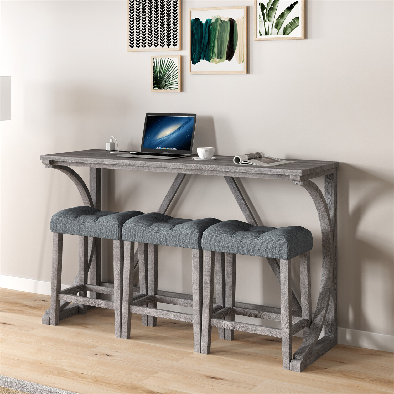 4 Piece Bar Table Set Counter Height Kitchen Dining Table with 3 Bar Stools US