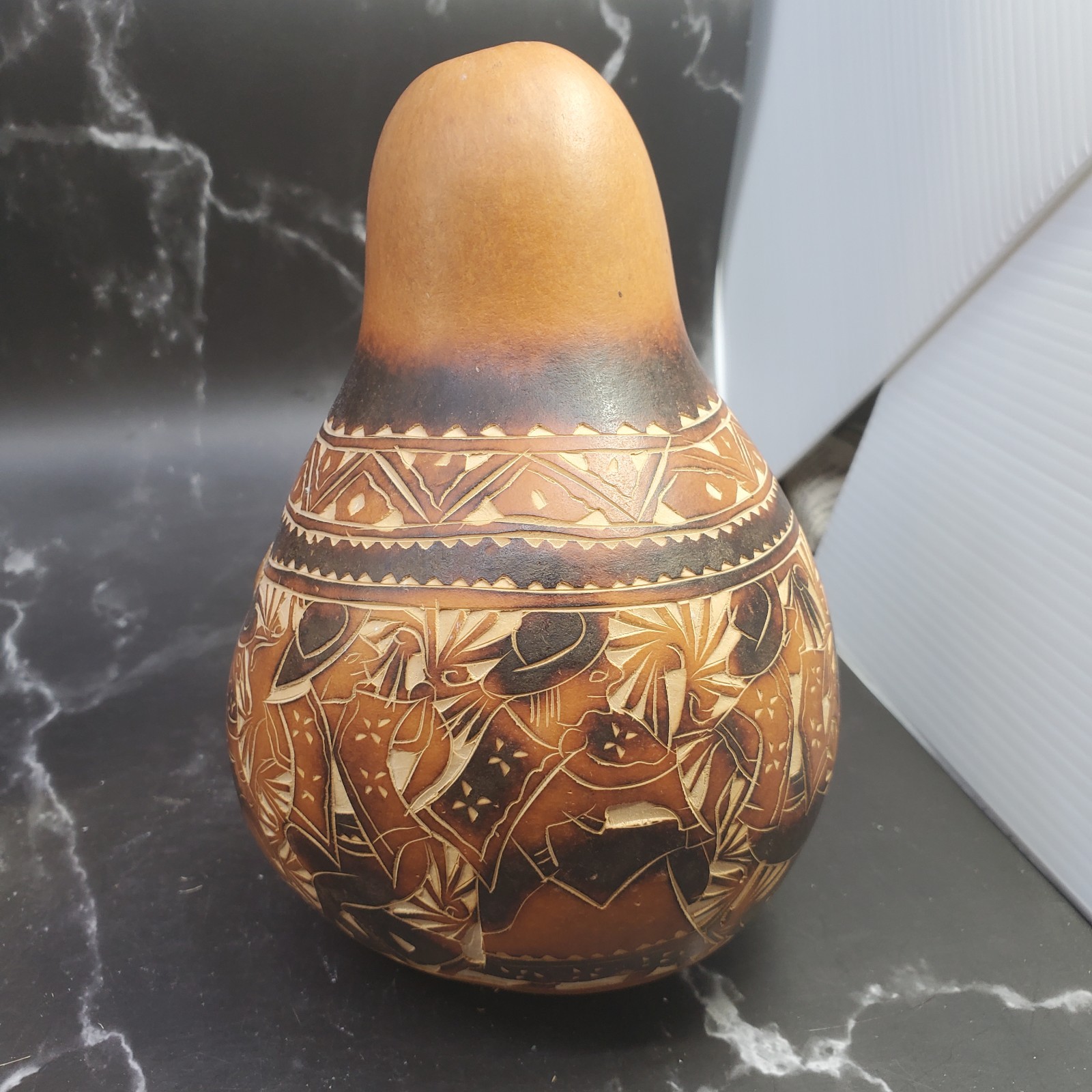 Vtg Peruvian Storyteller 6" Gourd Rattle Folk Art Detailed Intricate Hand Carved