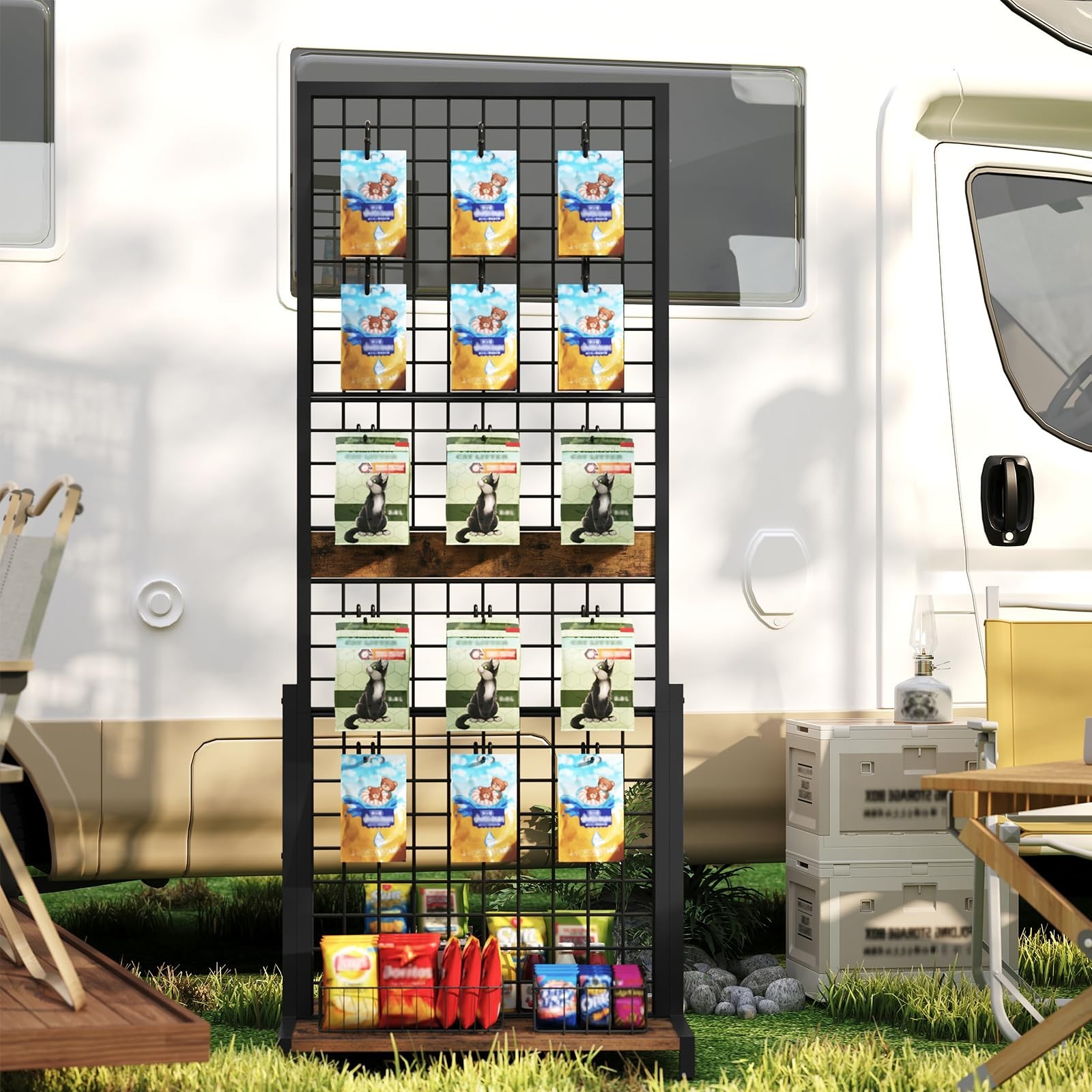 Movable Grid Display Rack 5.6' x 2.1' Ft, Wire Panel Stand with Hooks for Storag