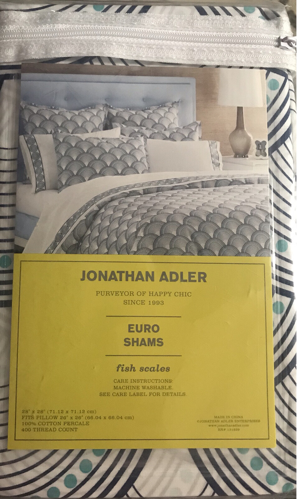 Jonathan Adler Euro Shams Pillowcase Covers 2 Fish Scales Navy/White/Blue New