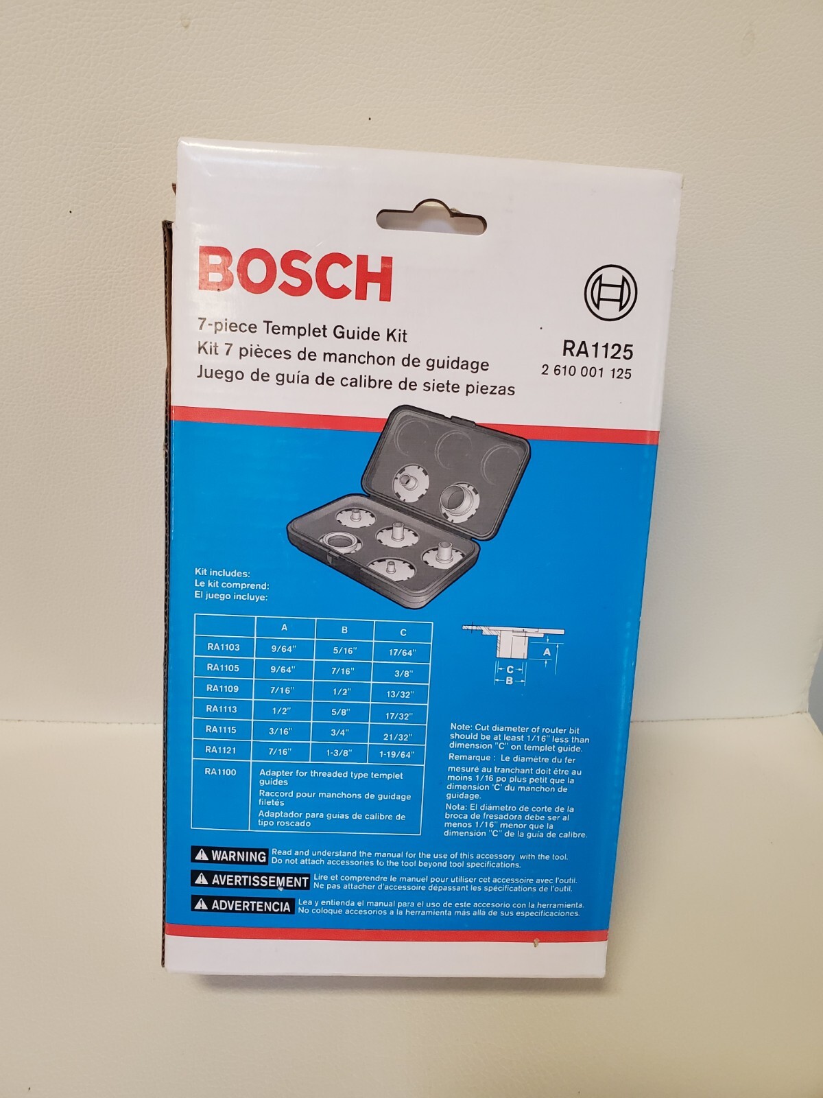 BOSCH RA1125 7 PIECE TEMPLET GUIDE KIT FOR ROUTERS WITH QUICK-CHANGE SYSTEM