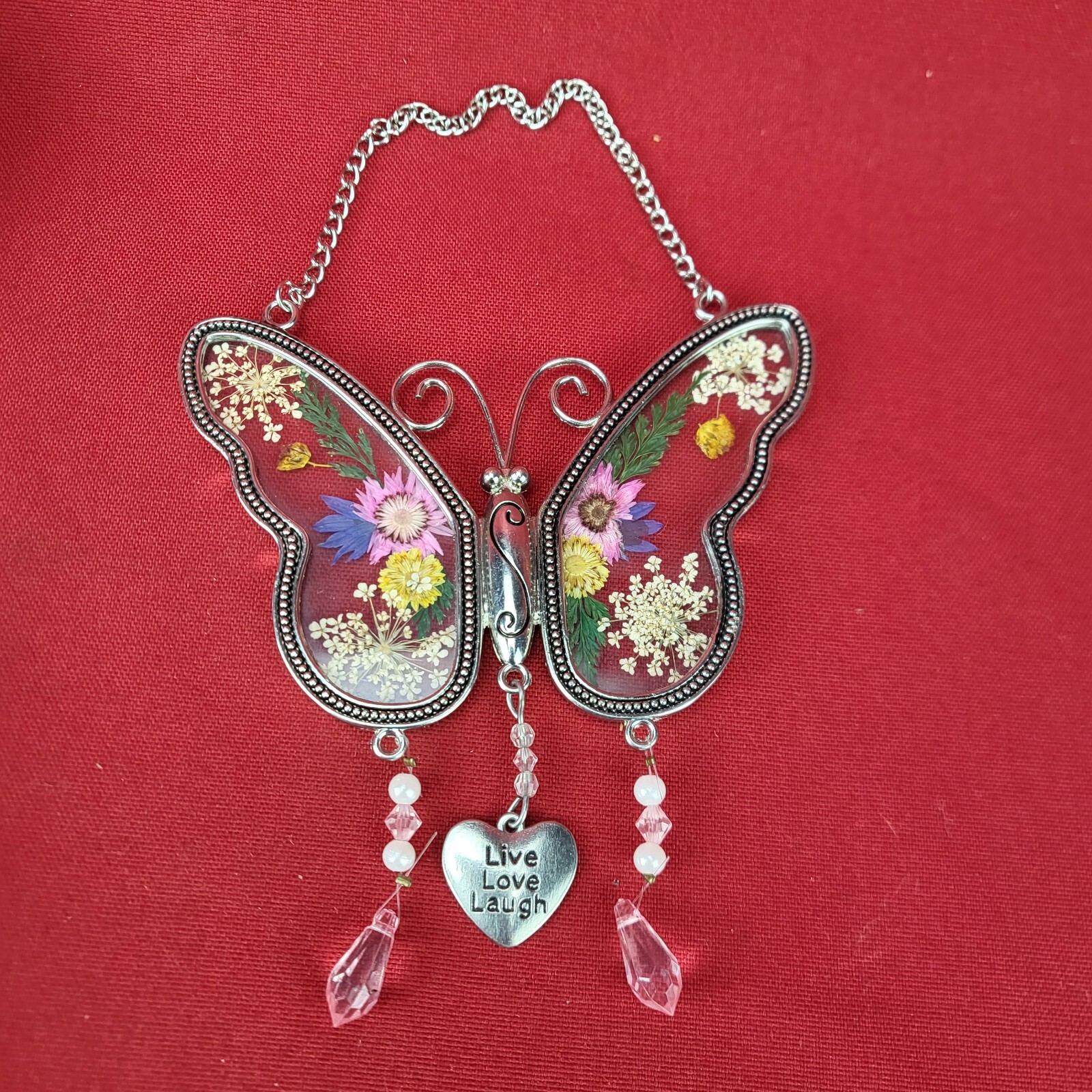 Beautiful Butterfly Glass Art Sun Catcher with Real Pressed Flowers