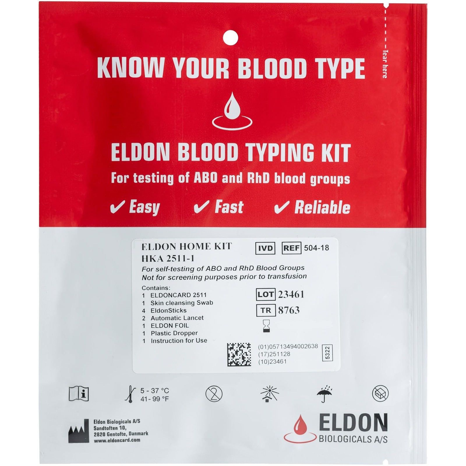Eldoncard Blood Type Test (Complete Kit) - Air Sealed Envelope, Safety Lancet