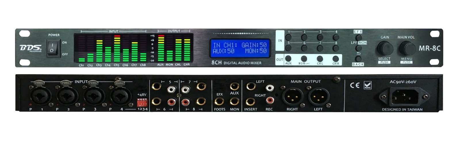 MR-8C Digital Effect 8CH Mixer 1U Rack Mounted Mixer Speaker Amplifier
