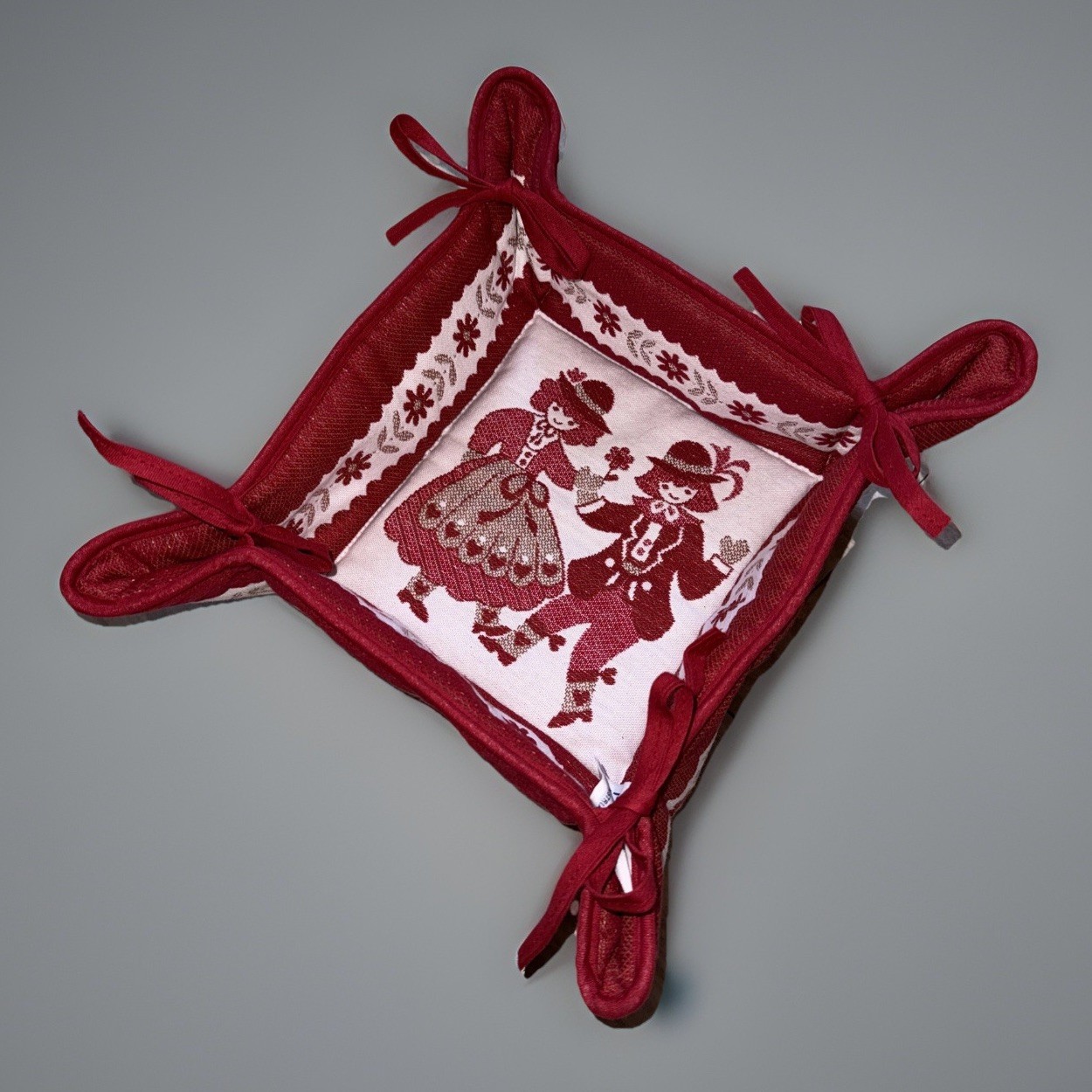 VTG Halltex Austrian Folk Art Cloth Basket In Red Dancing Couple Excellent