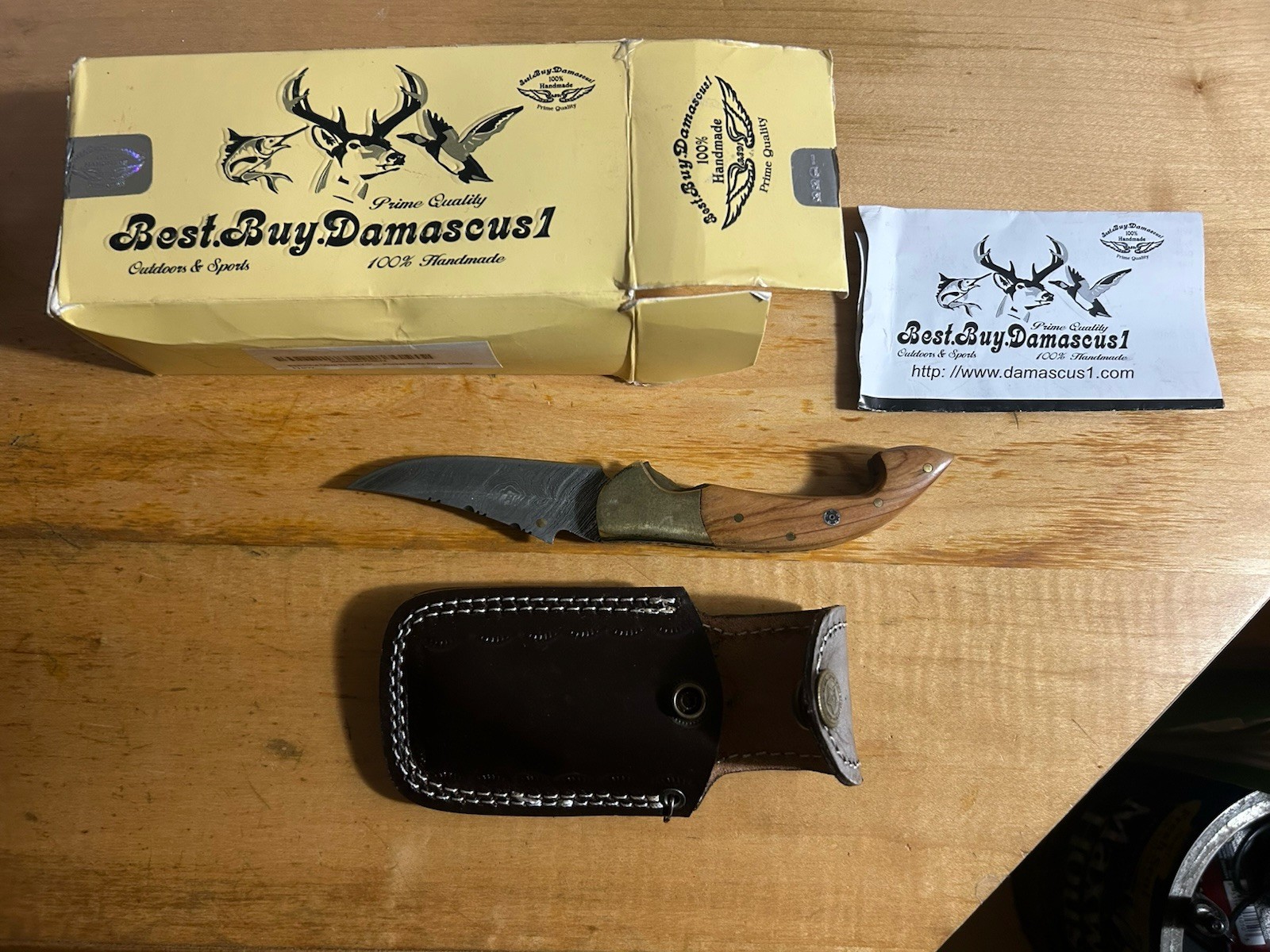 Best.Buy.Damascus1 Olive Wood 7.5” Handmade Damascus Steel Pocket Knife