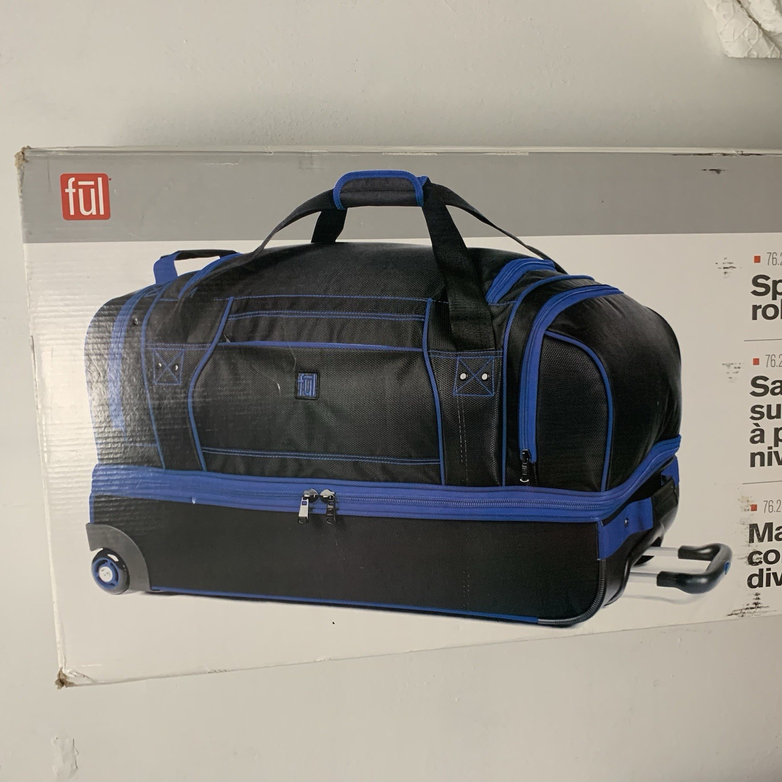 FŪL - Full Split Level Rolling Duffle Luggage Bag with Wheels - Black / Blue