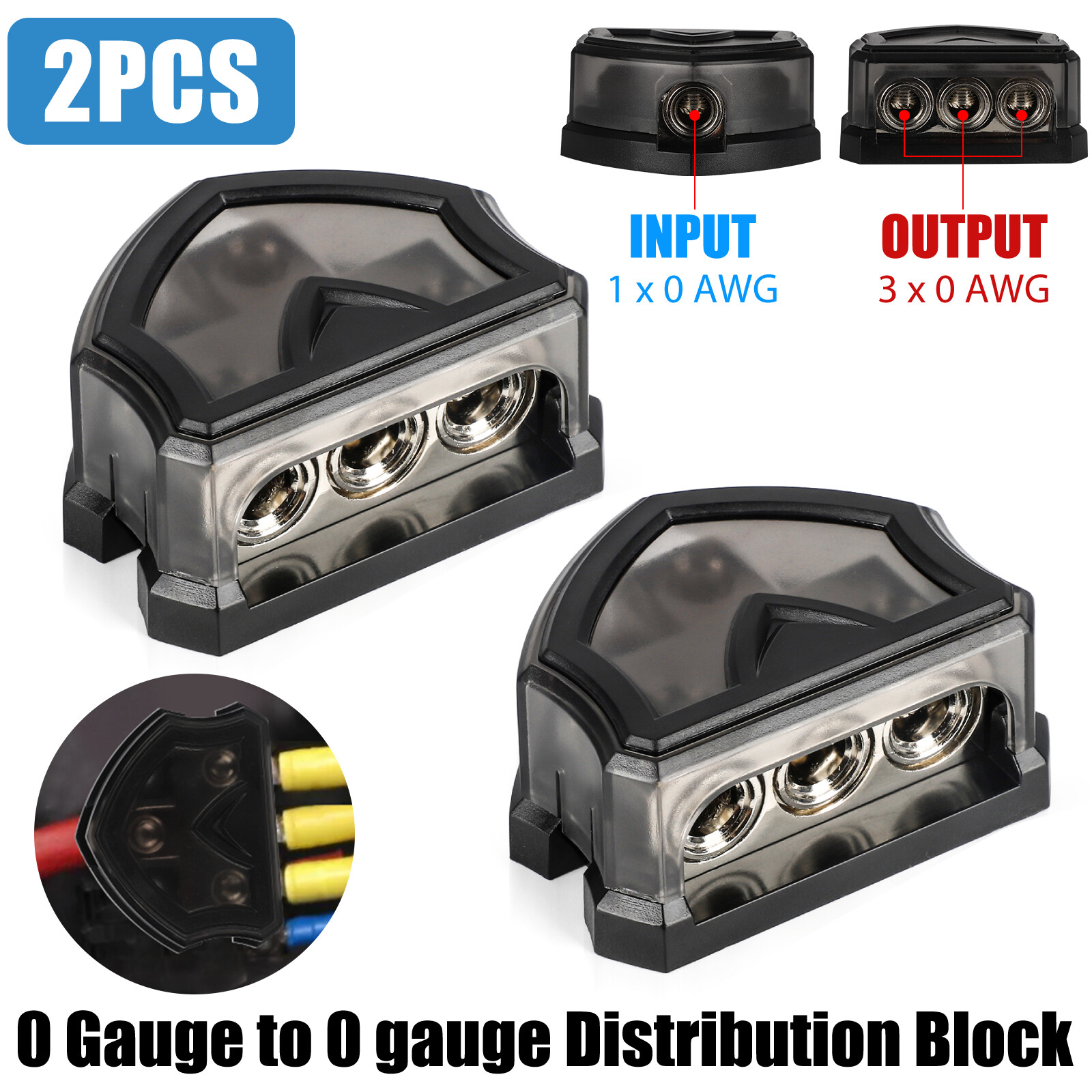 2PCS 3 Way 0 Gauge Input  to 0 Gauge Output Power Ground Distribution Block Set