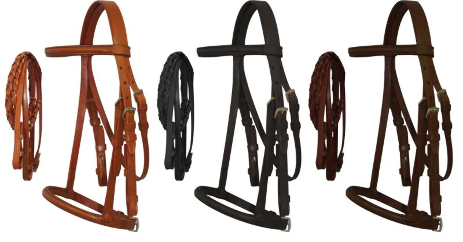 New! ENGLISH HEADSTALL w/ Raised browband Braided leather reins 4 SIZES 3 COLORS