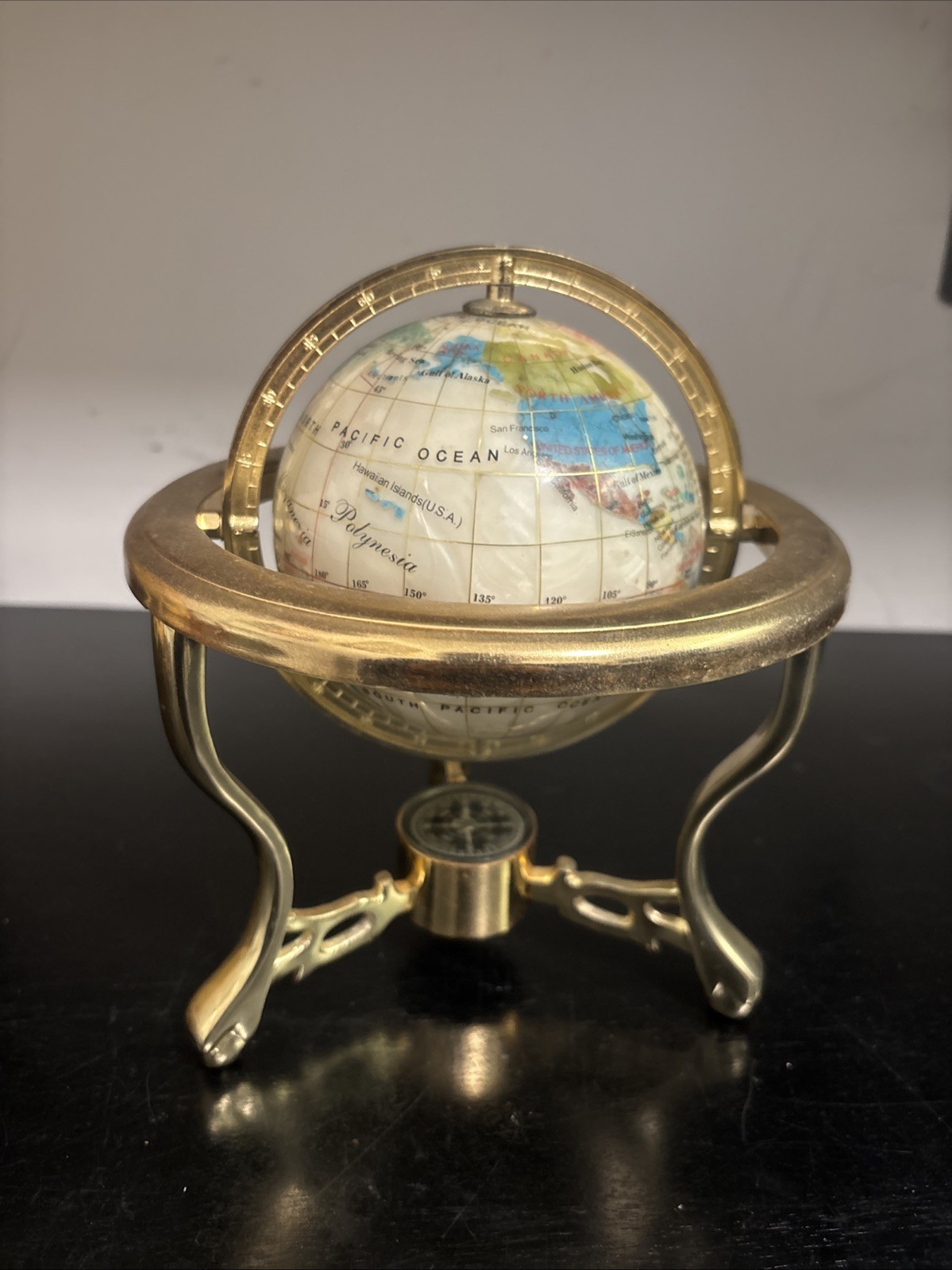 World Globe with Gold Metal Stand & Compass