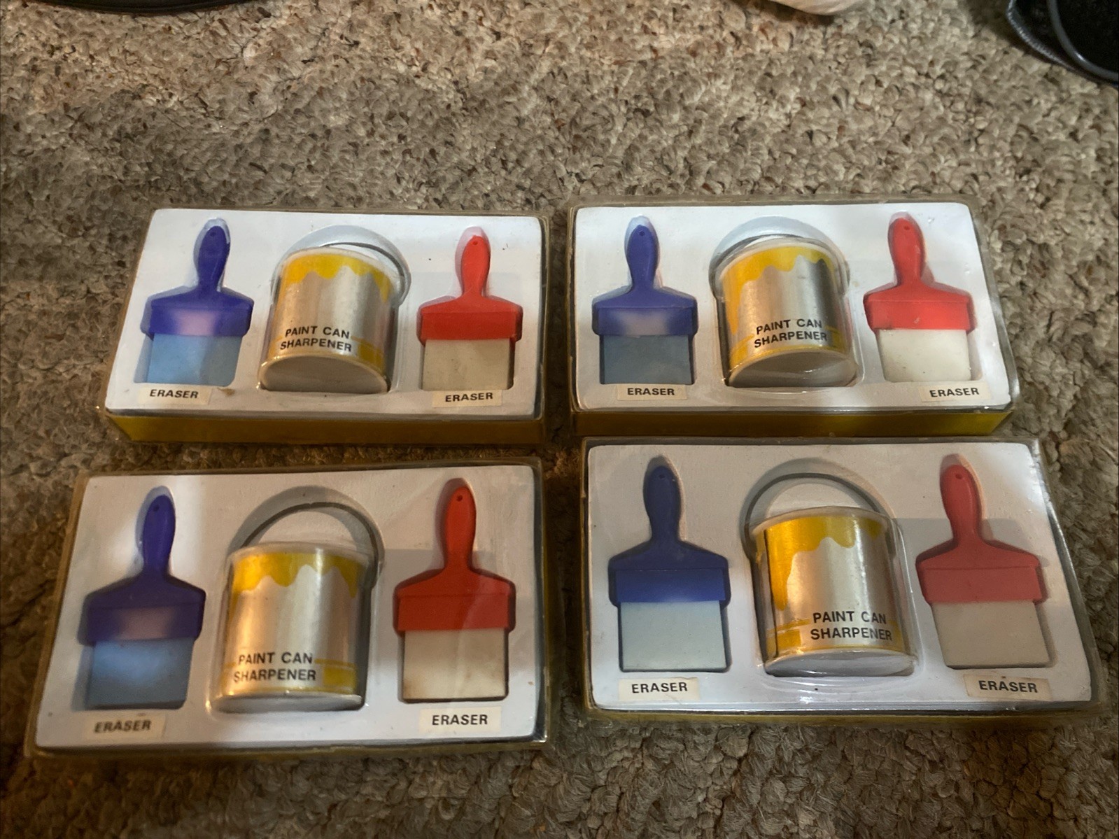 Vintage Paint Can Pencil Sharpener & Paint Brush Erasers Taiwan GIFTCO LOT NOS