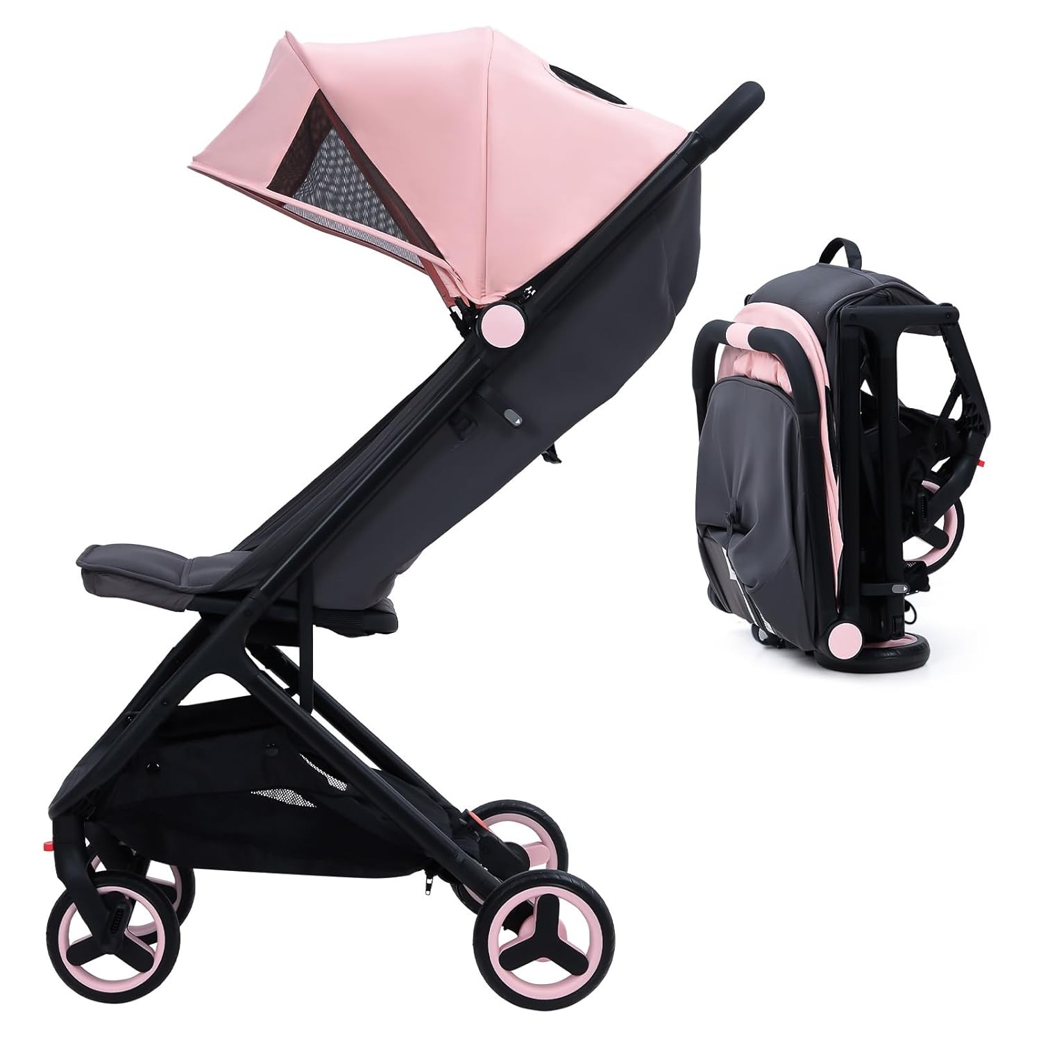 Lightweight Travel Stroller One Hand Fold Airplane Recline Canopy Suspension