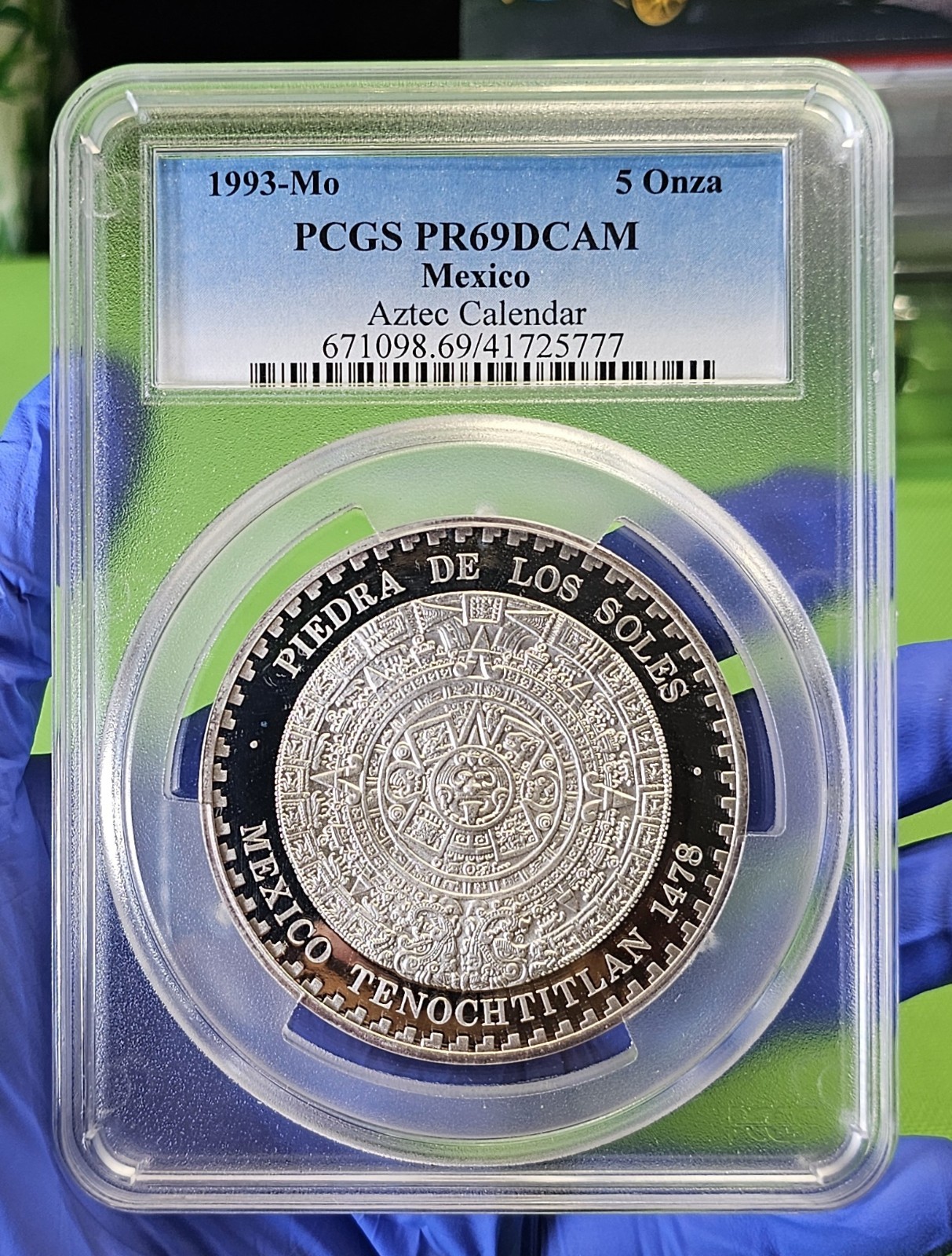 MEXICO RARE 5 Onzas SILVER Proof .999  Piedra De Los Soles 1535-1993 PR69DCAM