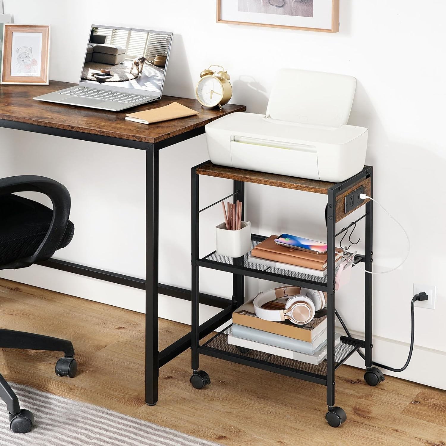 Industrial Printer Stand, 3-Tier Mobile Printer Table, Rolling Cart with Power O