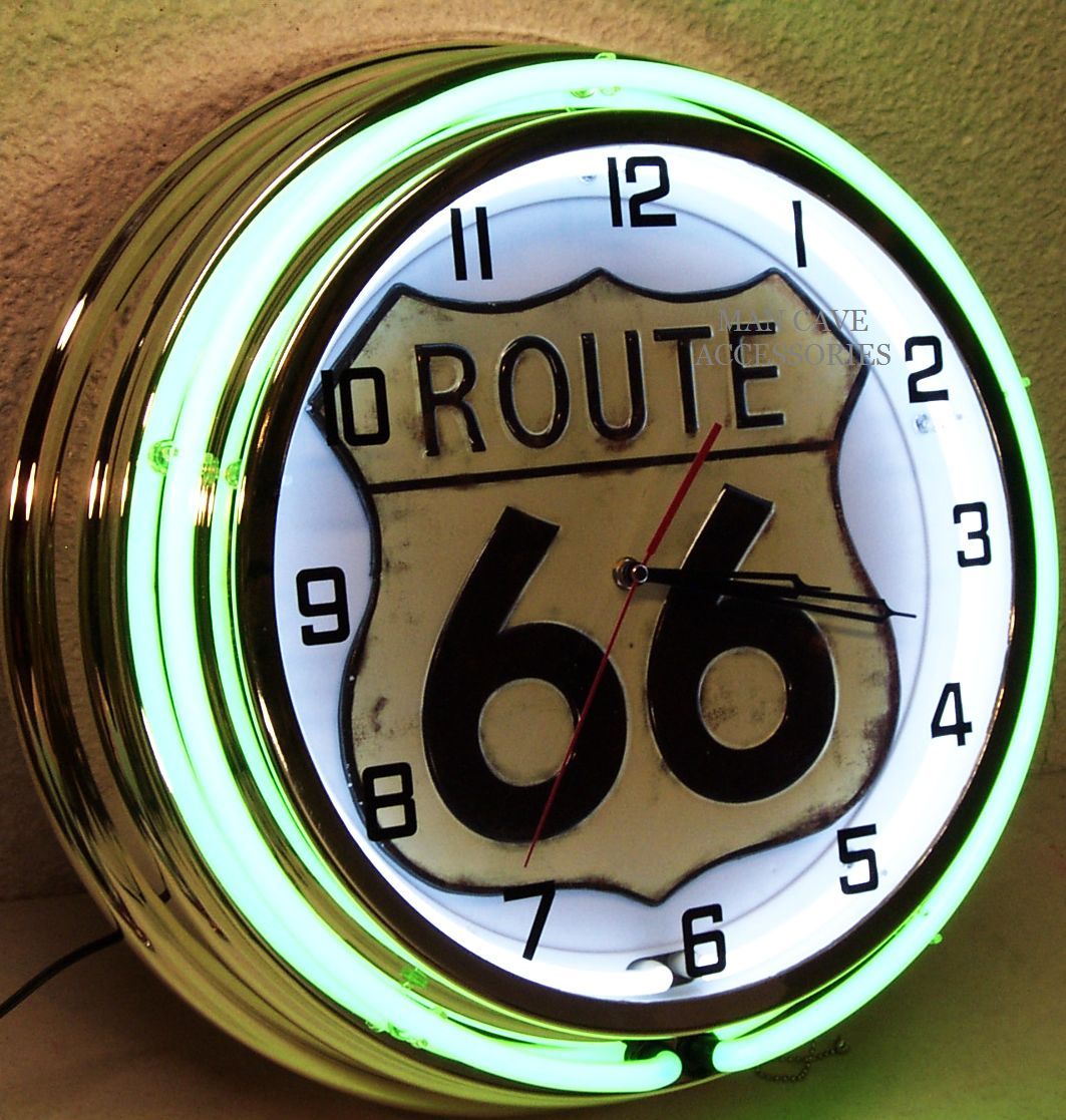 18" Route 66 Sign Double Neon Clock Drive America Mother Road