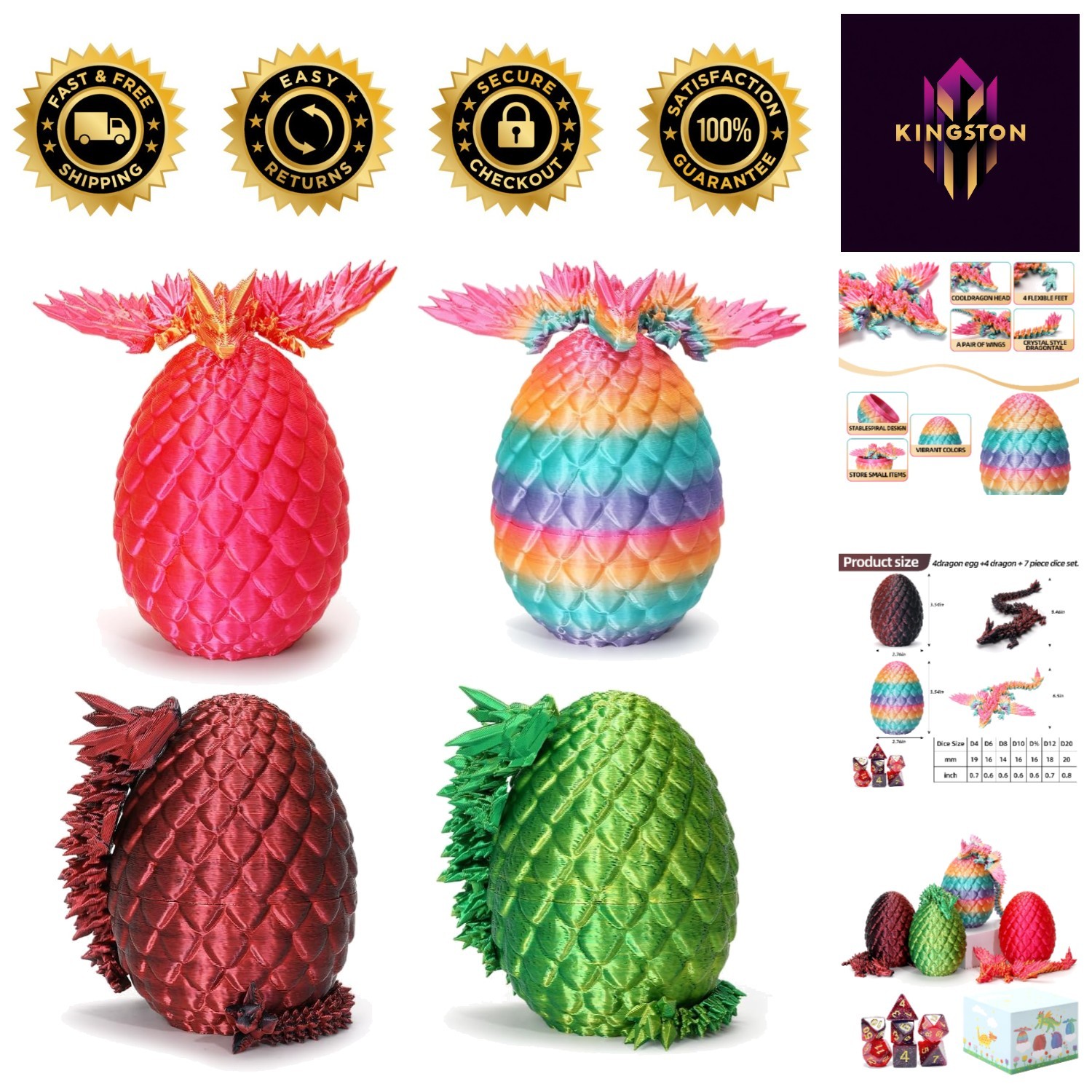 Mystical 4PCS Dragon Egg Set - Articulated 3D Printed Flying Dragons Inside