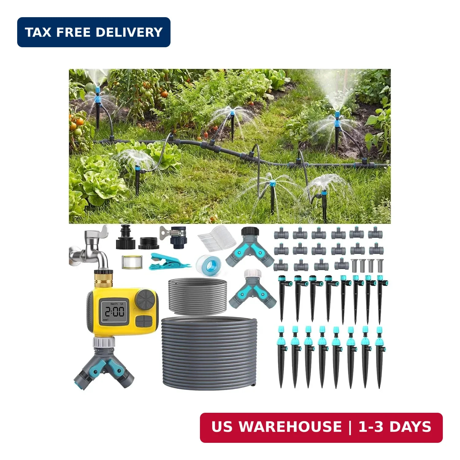 100FT Drip Irrigation System Kit with Smart Water Timer for Garden, 1/2" High-Fl