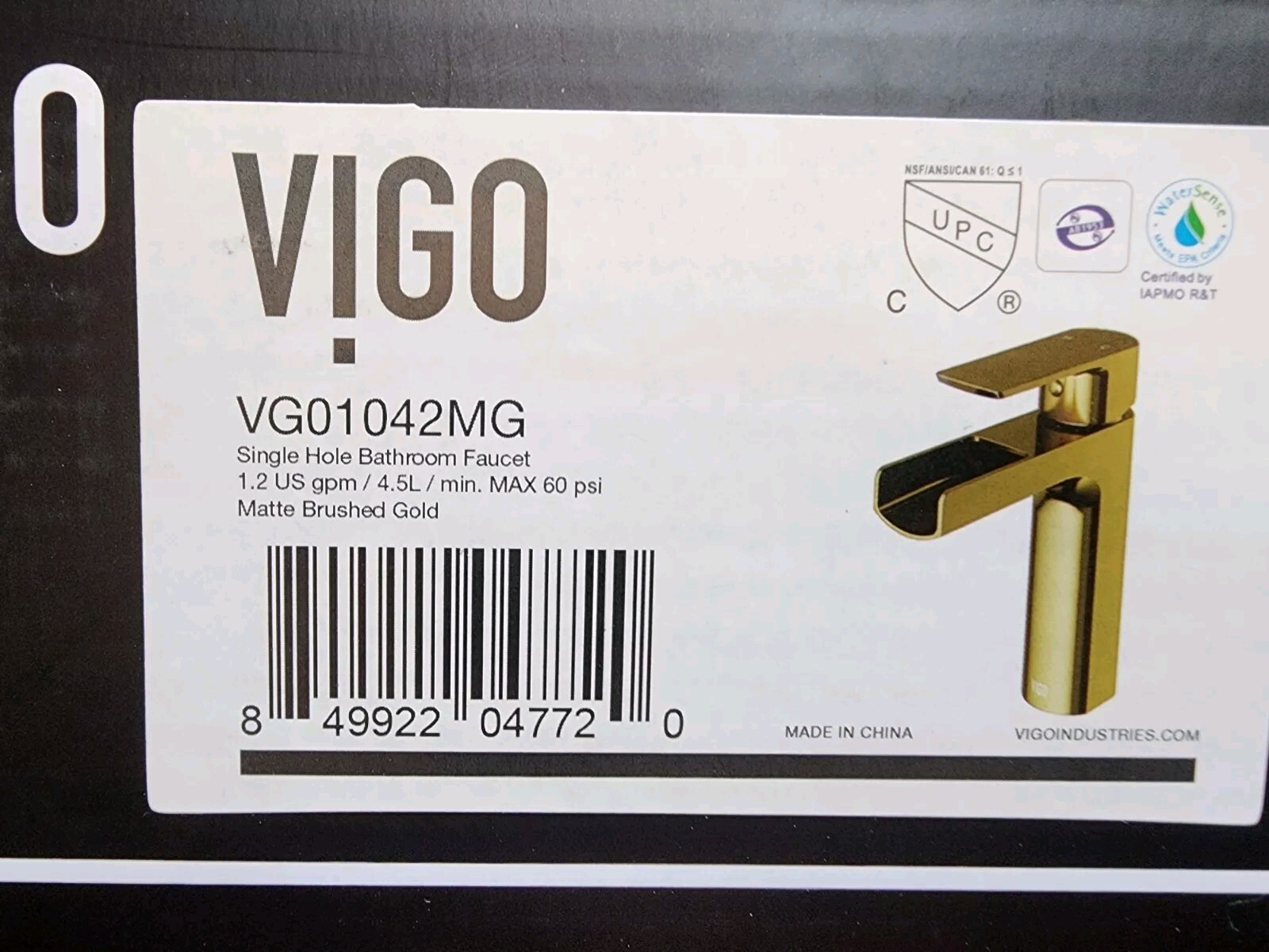 NEW* Vigo VG01042MG - Single Hole Bathroom Faucet In Matte Brushed Gold