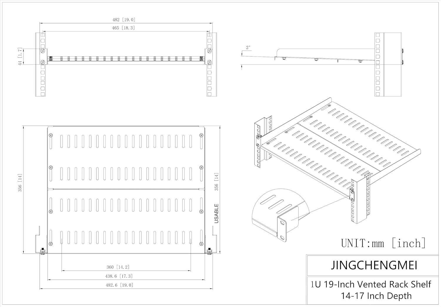 1U Cantilever Server Shelf Depth Adjustable 14-17 Inch,Vented | Universal Server
