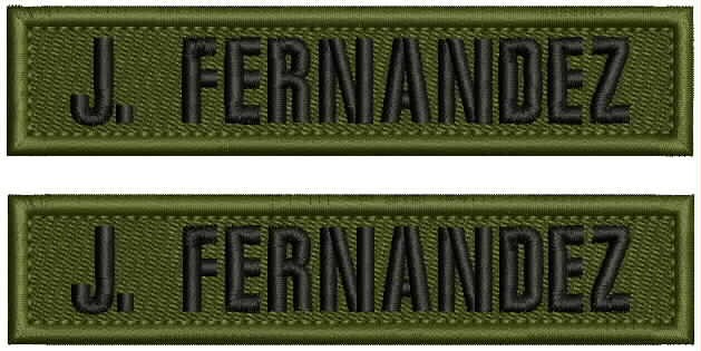 TAPE NAME 2 EMBROIDERY PATCHES 1X5 sew ON BACK BLACK ON OD GREEN