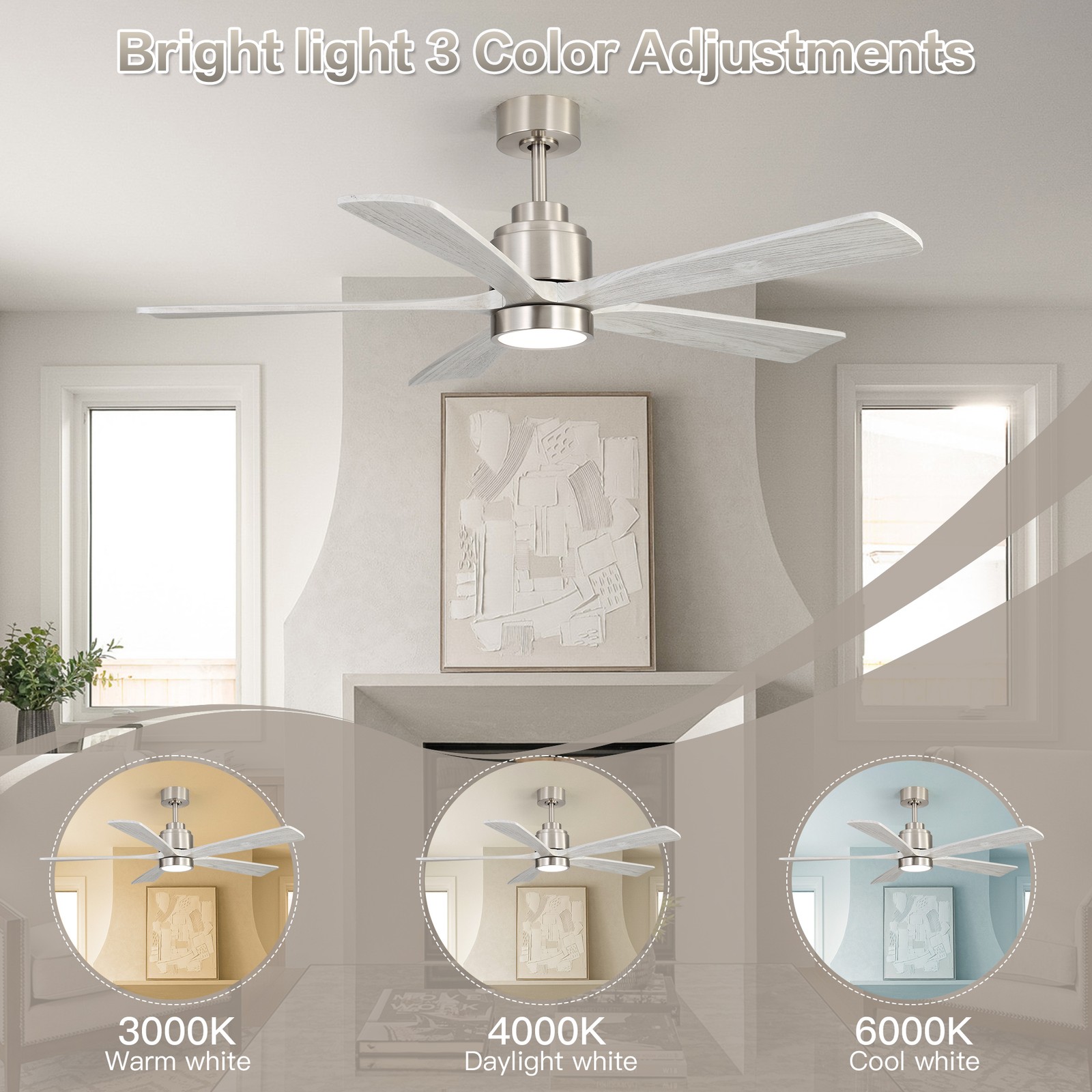52"Ultra Quiet Reversible Ceiling Fan with Light - Dimmable LED,Memory Timer