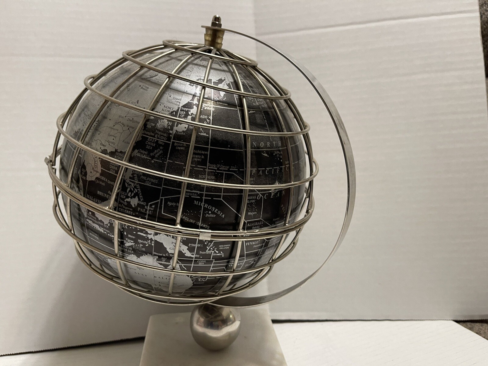 Hand Crafted Black/ Silver Spinning Globe, Marble Base, Felt Bottom