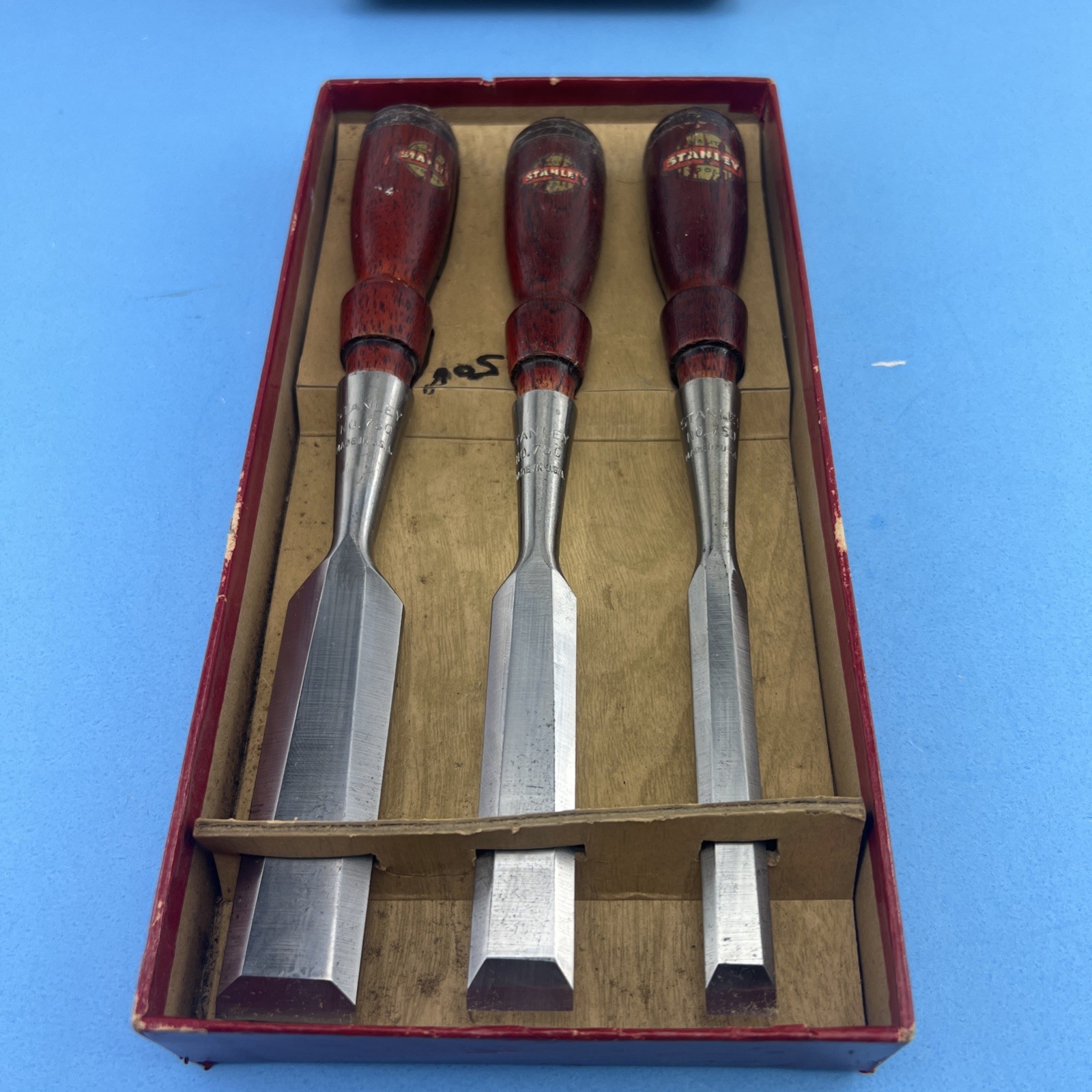 VINTAGE 3 PC STANLEY 750 BEVELEDGE PARING CHISE IN ORIGINAL BOX 1/2''-3/4''-1''