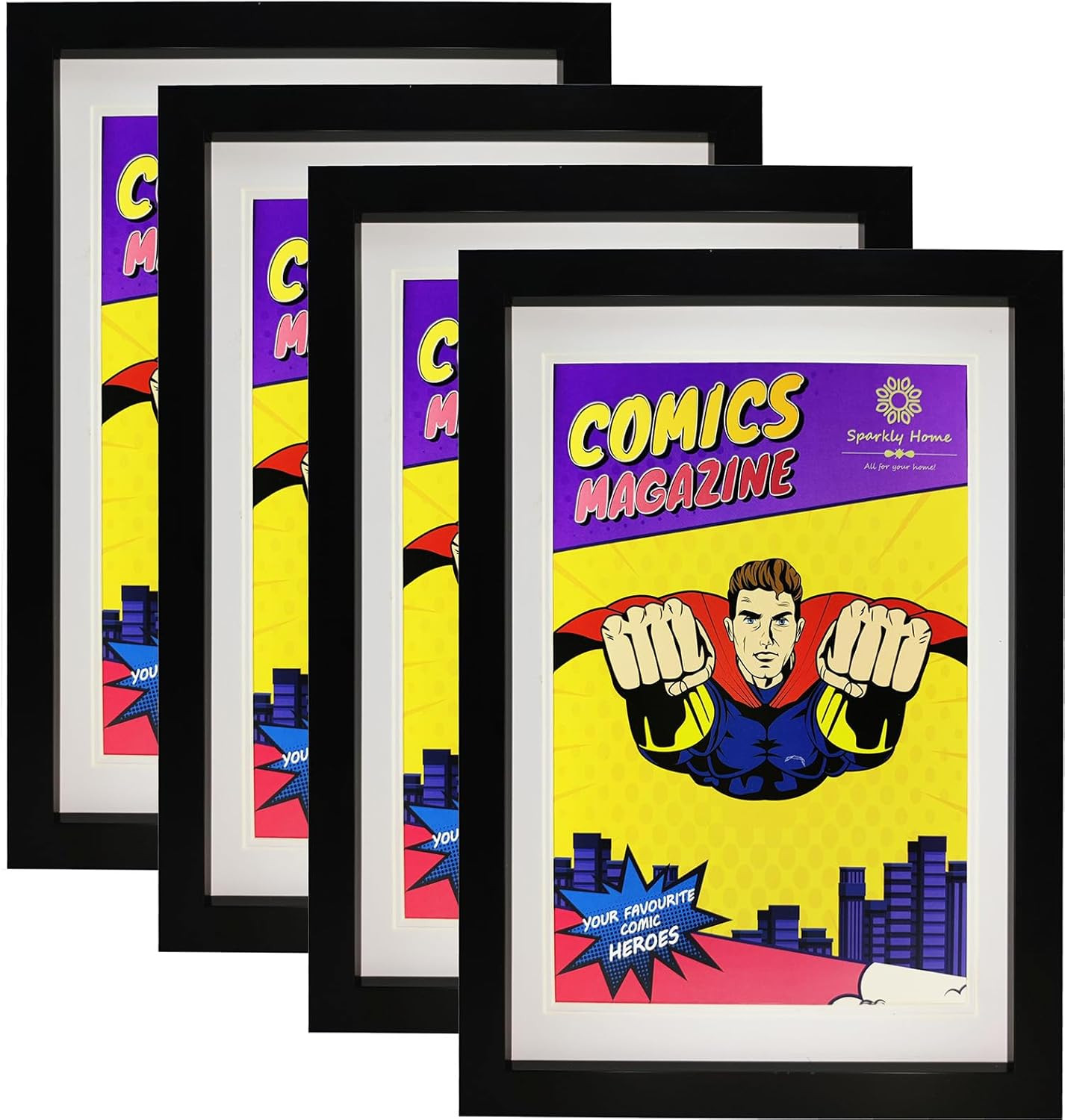 Comic Book Frame with Double White Mat, 4 Packs, UV Protection, Black Frame for