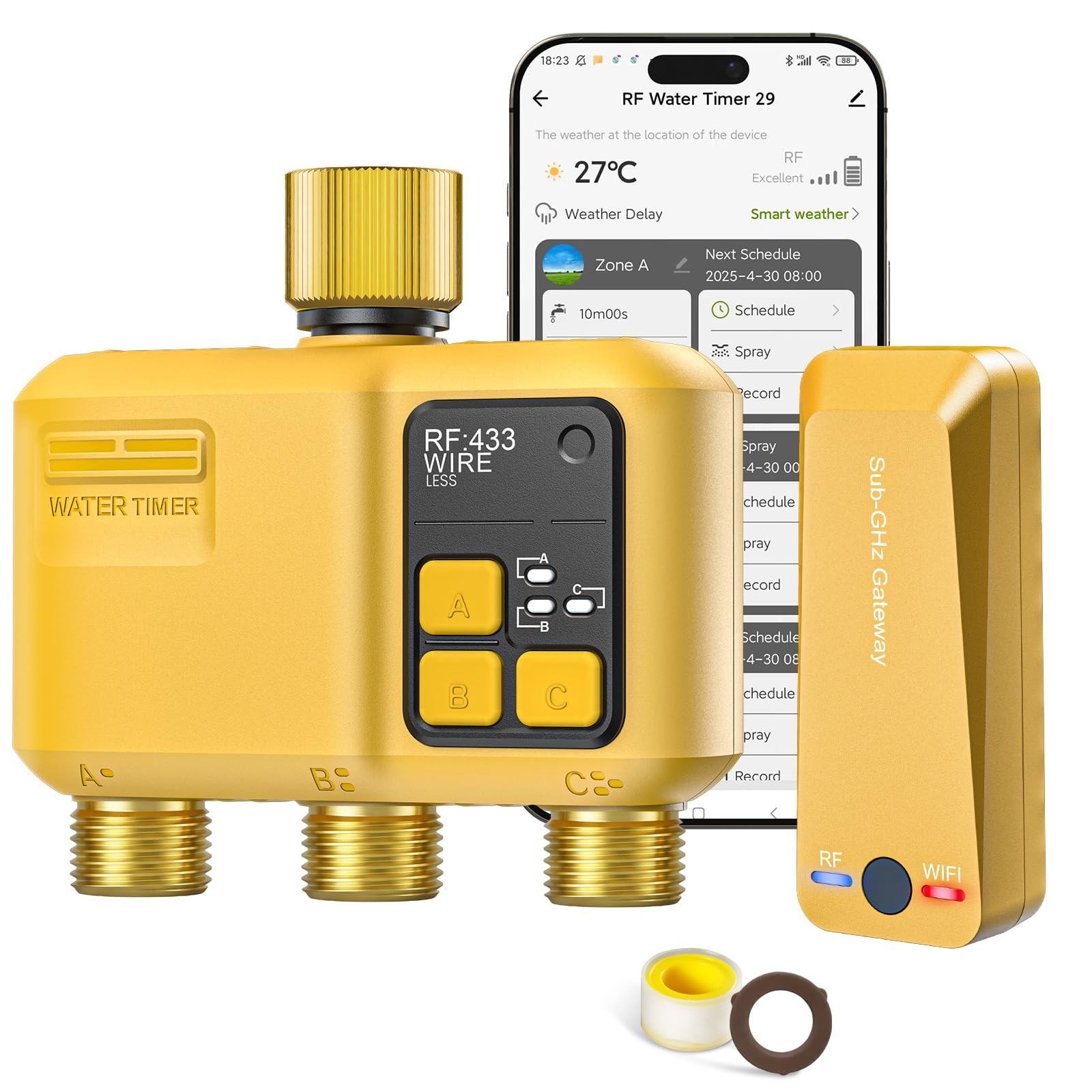 Shrivee WiFi Water Timer 3 Zone for Garden Hose, 3-Zone Brass I/O, Yellow