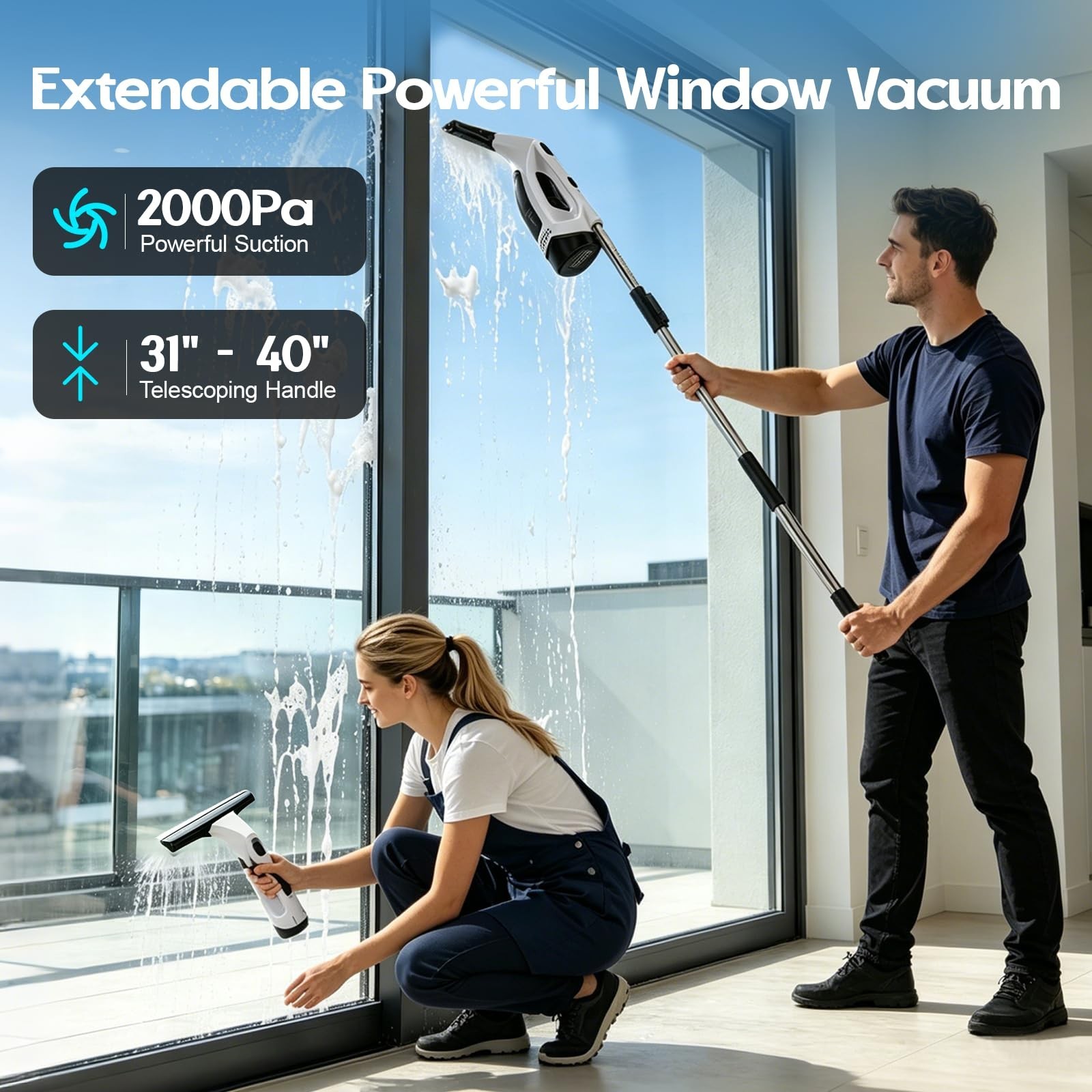 Window Vacuum Squeegee Cordless with Extension Pole,Electric Window Cleaner Tool