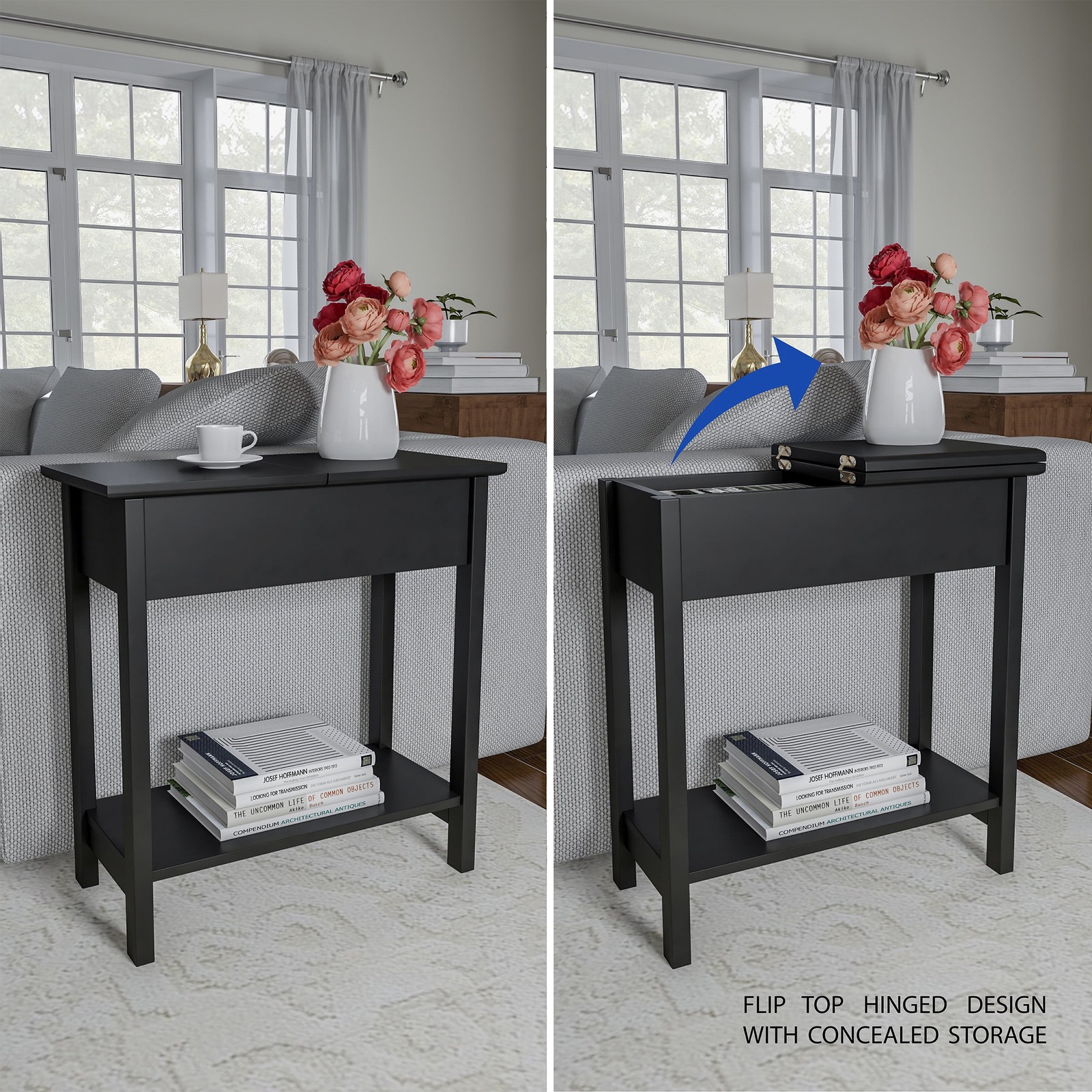Narrow End Table W/ Storage Compartment & Shelf Black)