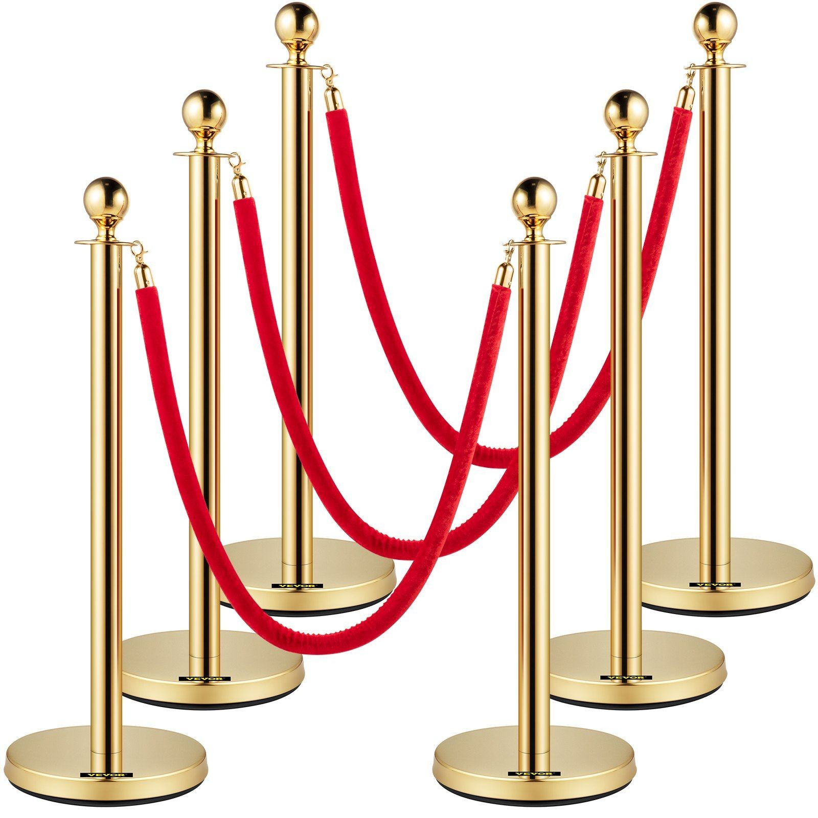 6pc Gold-Finished Stainless Stanchions with 5ft Red Flannel Rope & Iron Base