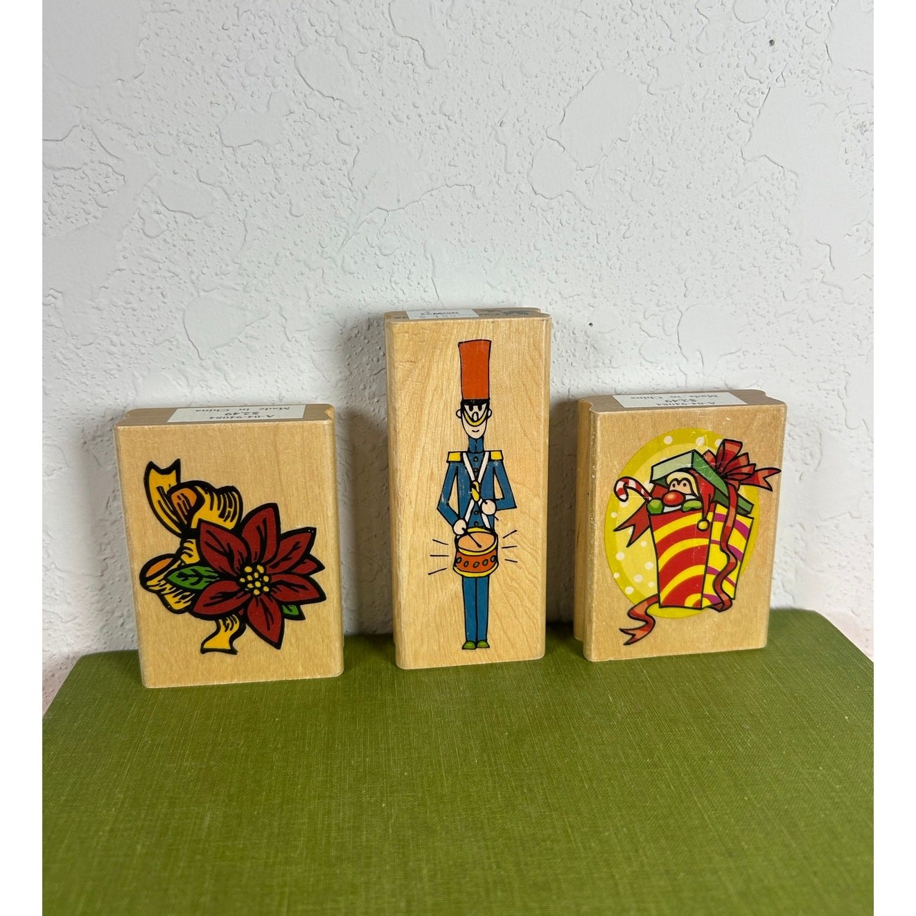 Vtg wood Rubber Stamps Set of 3- preowned- Christmas Gift Drummer Boy Poinsettia