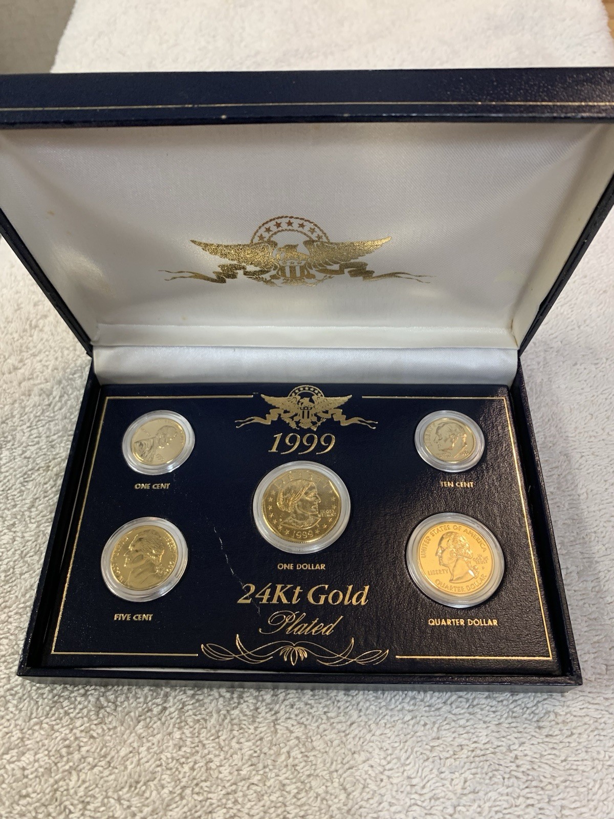 1999 24 kt gold plated US coin set in display box #1 Ships Free!