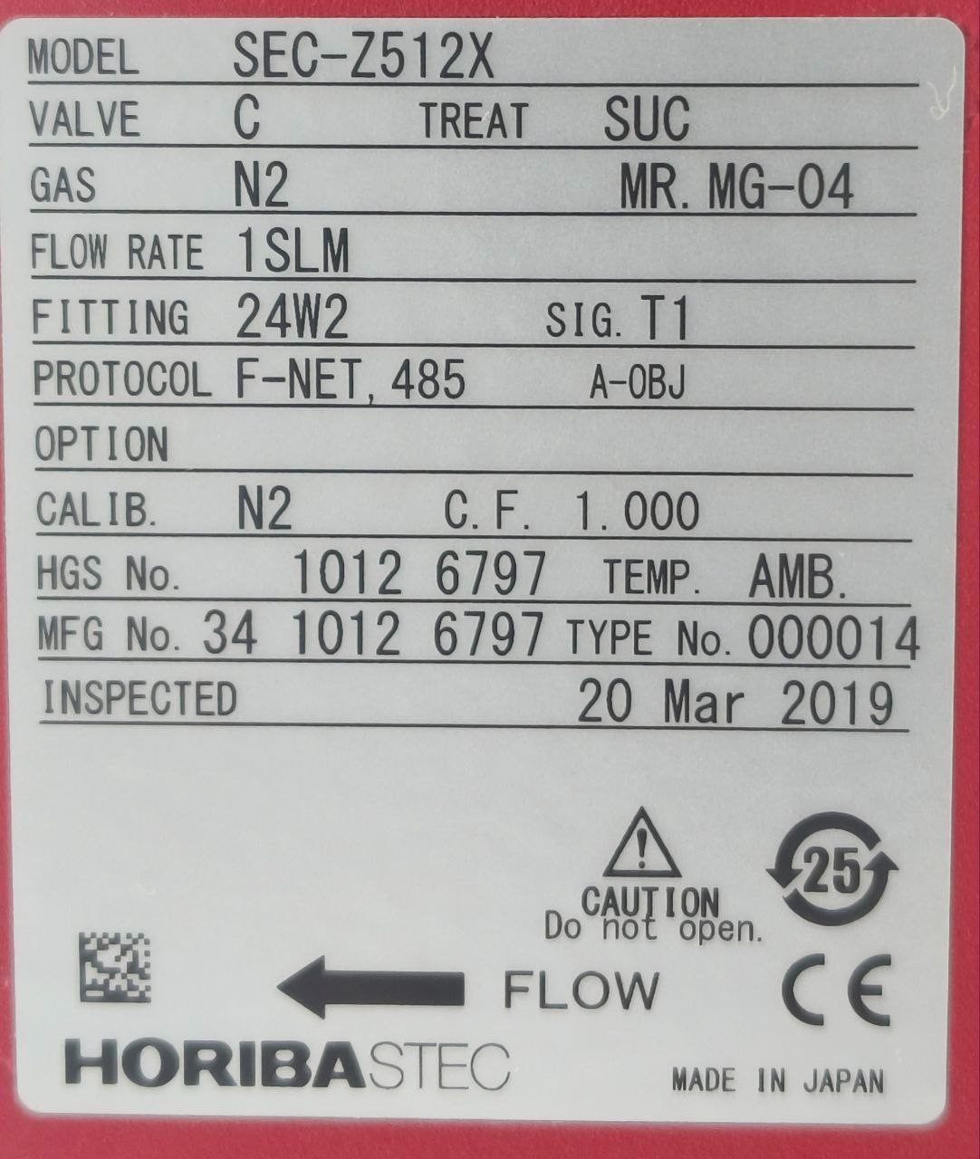 HORIBASTEC SEC-Z512MX DIGITAL MASS FLOW CONTROLLER FLOW RATE 1 SLM FREE SHIP