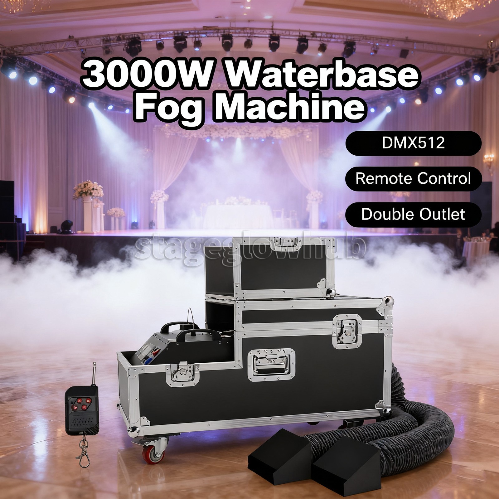 PAIDUN 3000W Dual Outlet Water Base Mist Machine Ground Smoke Fogger Flight Case