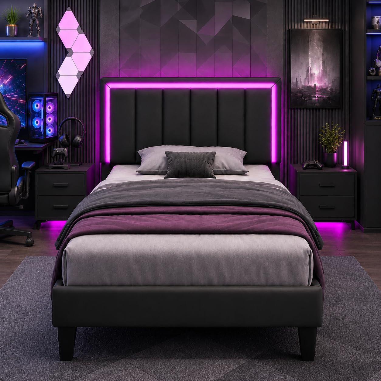 Twin Upholstered Bed Frame with RGB LED Lights, Black | Faux Leather Headboard,