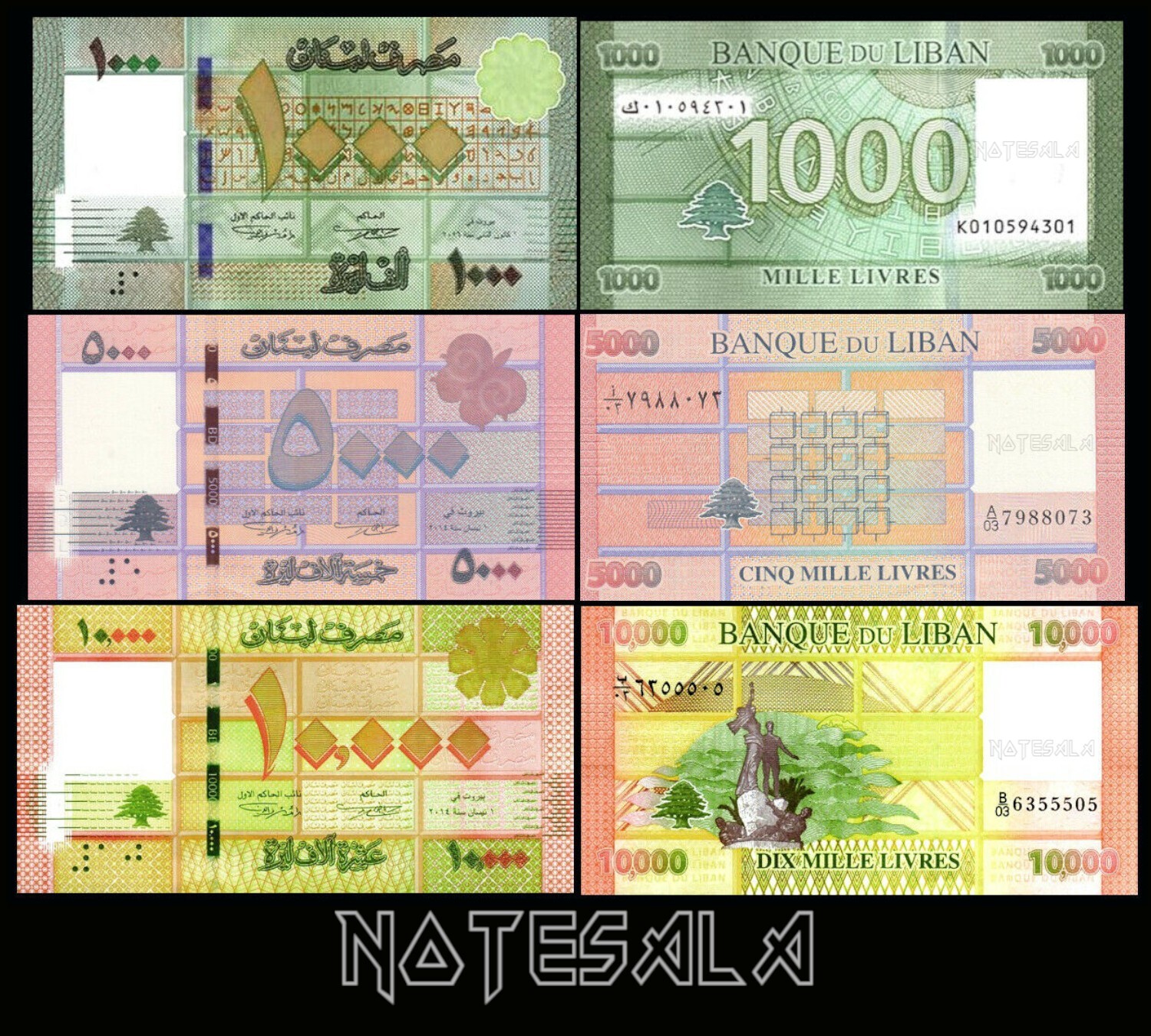 LEBANON SET 3 Pcs 1000, 5000, 10000 LIVRES 2014-2016 P-90c-91b-92b NEW-UNC