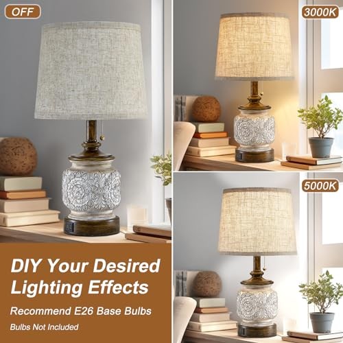 19.5" Farmhouse Bedside Table Lamps ⑧pull chain switch and 19.5" -brown&white