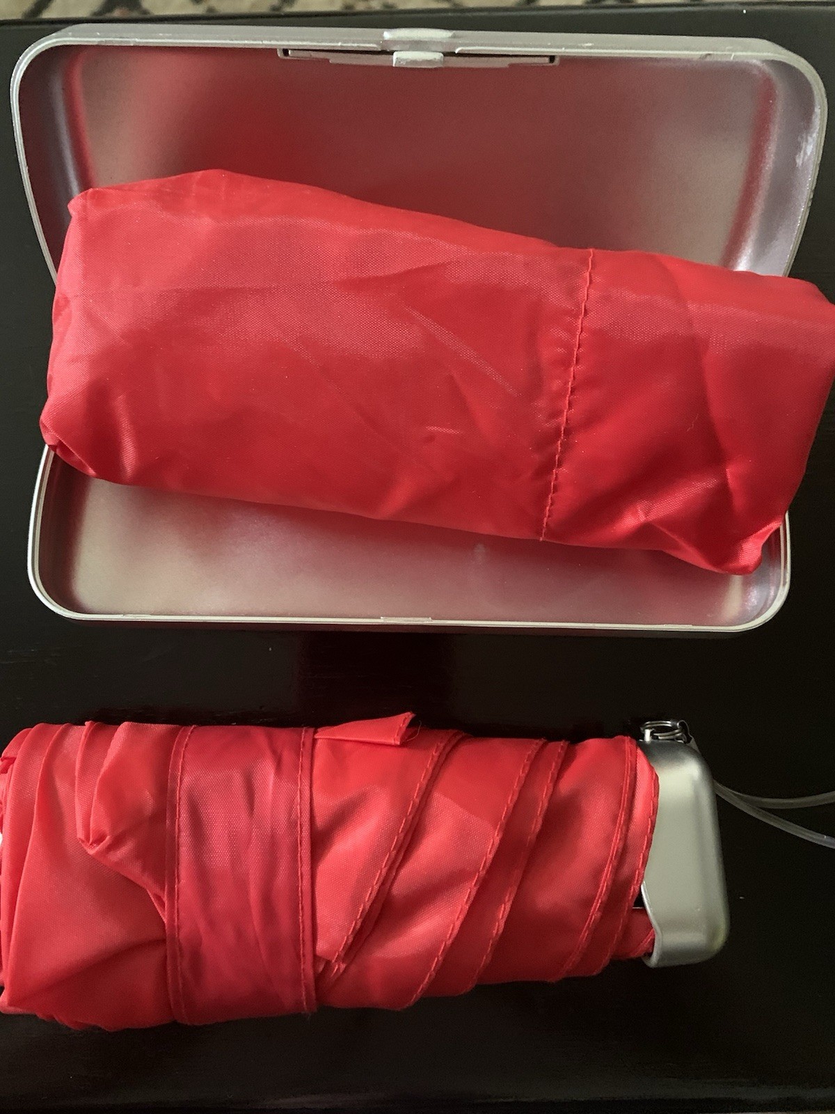 Compact Folding Umbrella Rain Weather in Silver Case Red Umbrella