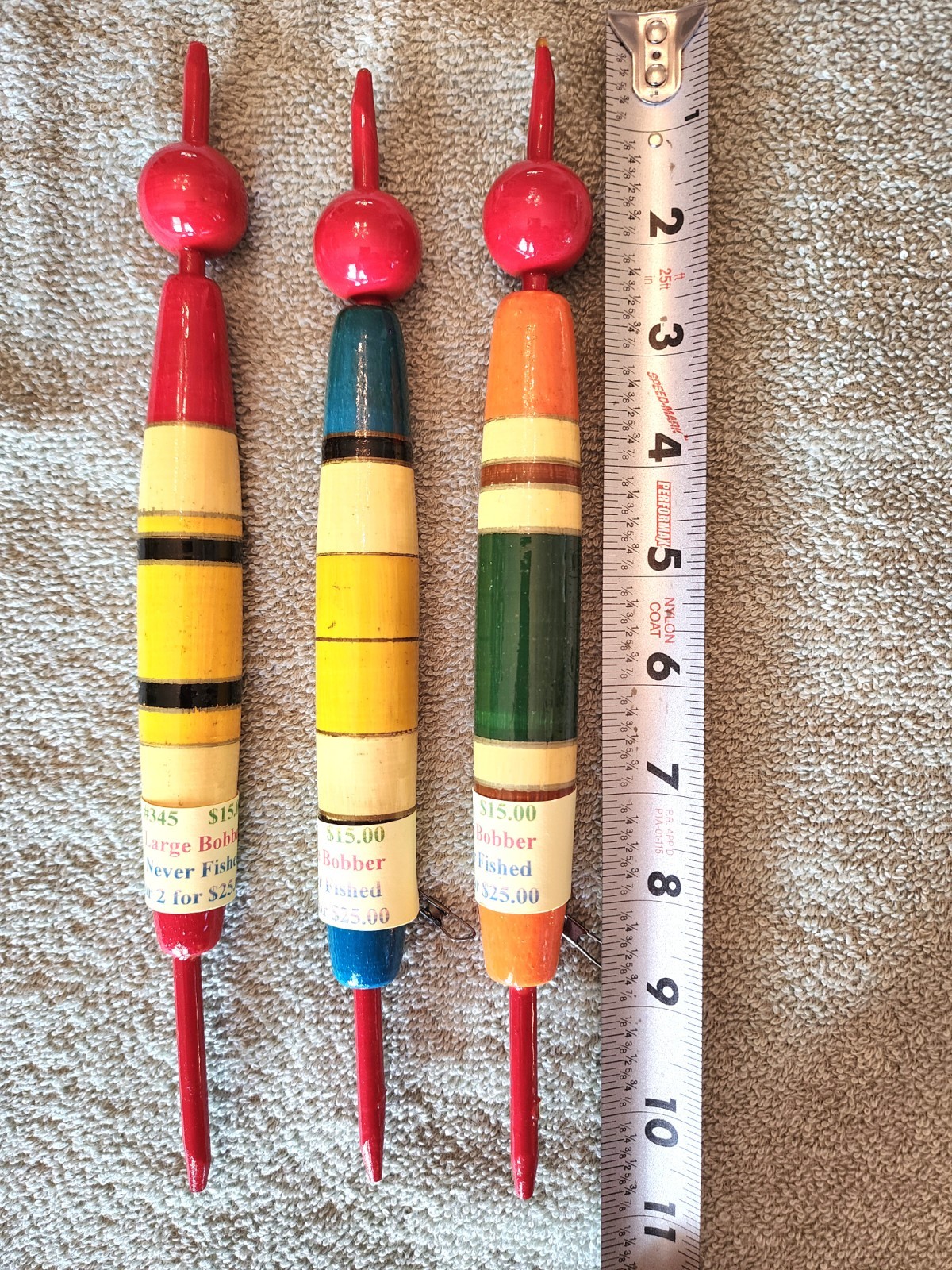 VINTAGE LOT OF WOOD LARGE HAND MADE-PAINTED MUSKIE-MUSKY FLOATS BOBBERS-NOS-RARE