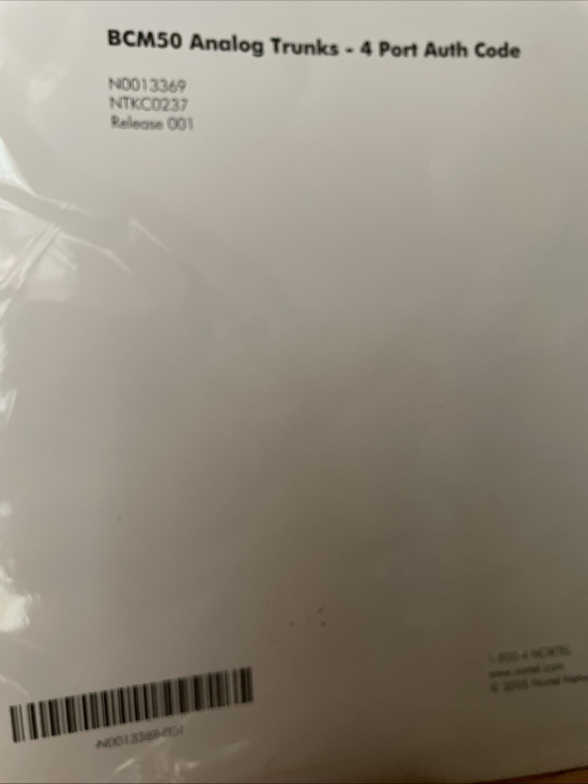 Nortel BCM50 4 Port Analog Trunk Authorization Code Internal Auth License