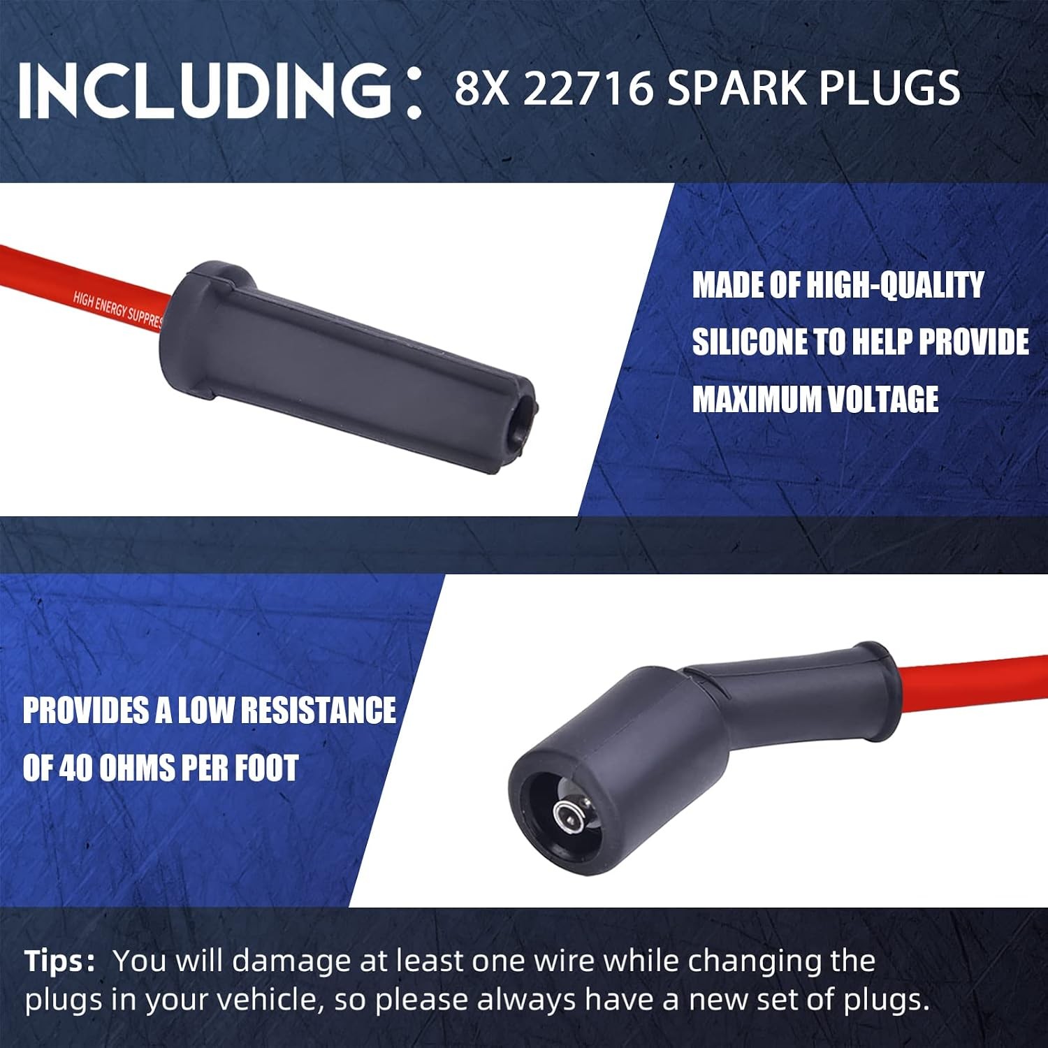 Spark Plug Wire Set 10.2mm w/Metal Sleeves, Spark Plug Wires Compatible with