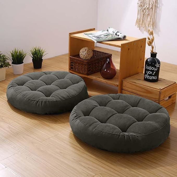 Meditation Floor Pillow Set of 2 Large Round Floor 16.5"Lx16.5"Wx3"H Dark Grey
